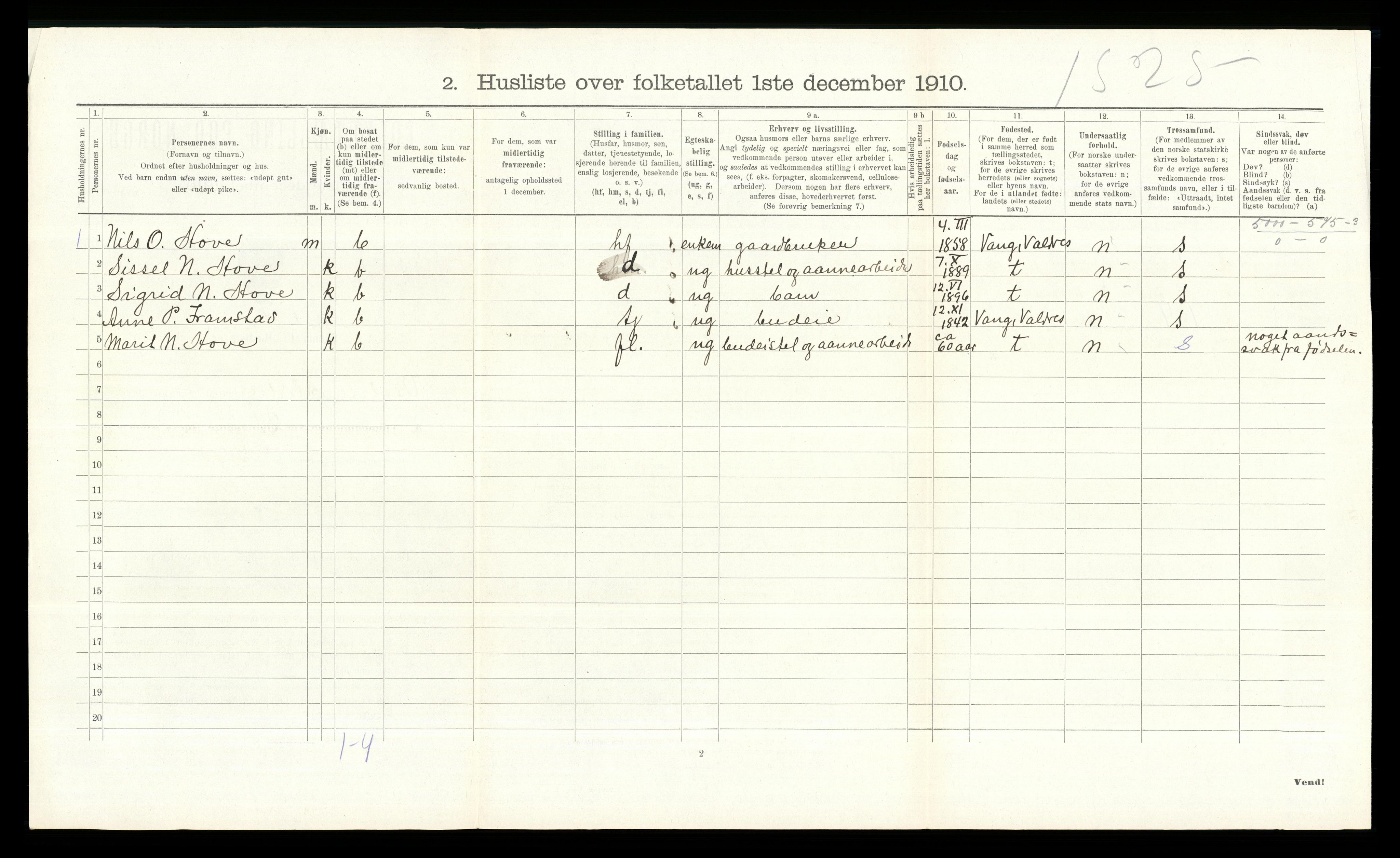 RA, 1910 census for Vestre Slidre, 1910, p. 222