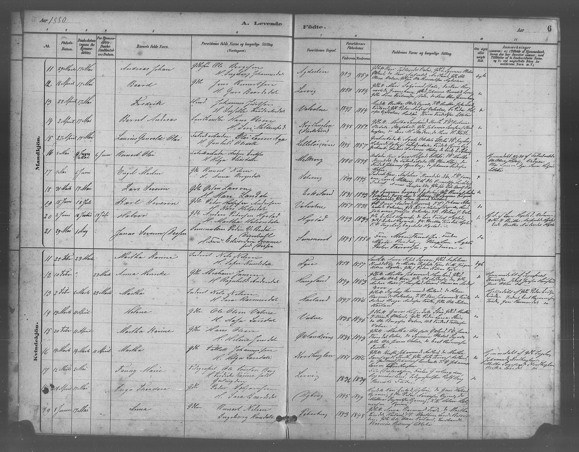 Stord sokneprestembete, SAB/A-78201/H/Hab: Parish register (copy) no. A 2, 1879-1909, p. 6