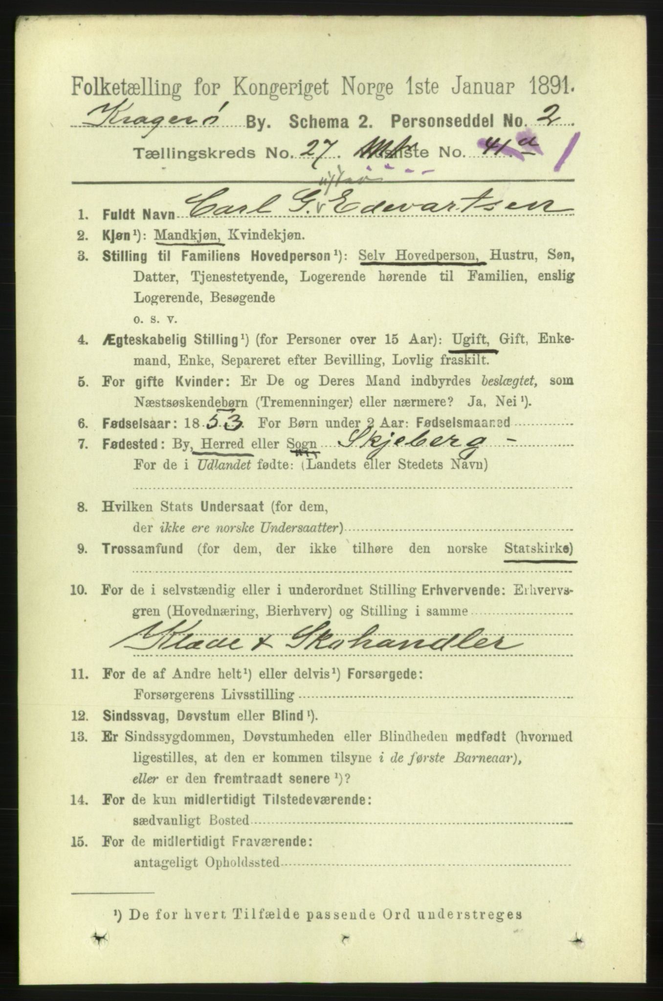 RA, 1891 census for 0801 Kragerø, 1891, p. 5291