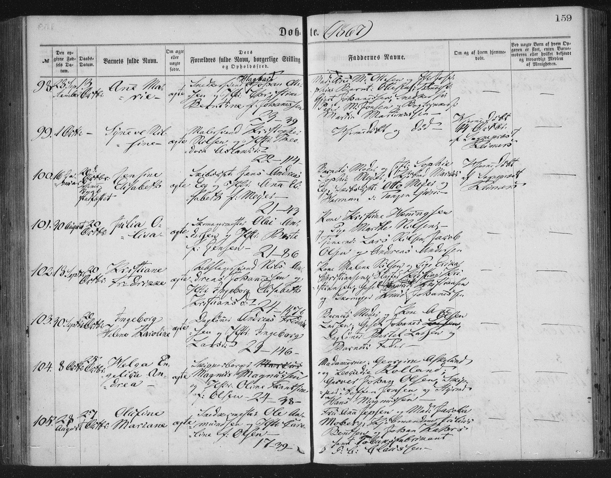Korskirken sokneprestembete, SAB/A-76101/H/Haa/L0019: Parish register (official) no. B 5, 1866-1871, p. 159