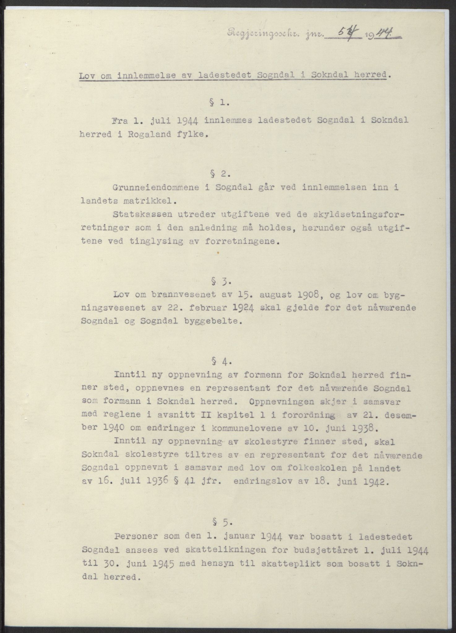 NS-administrasjonen 1940-1945 (Statsrådsekretariatet, de kommisariske statsråder mm), AV/RA-S-4279/D/Db/L0100: Lover, 1944, p. 114