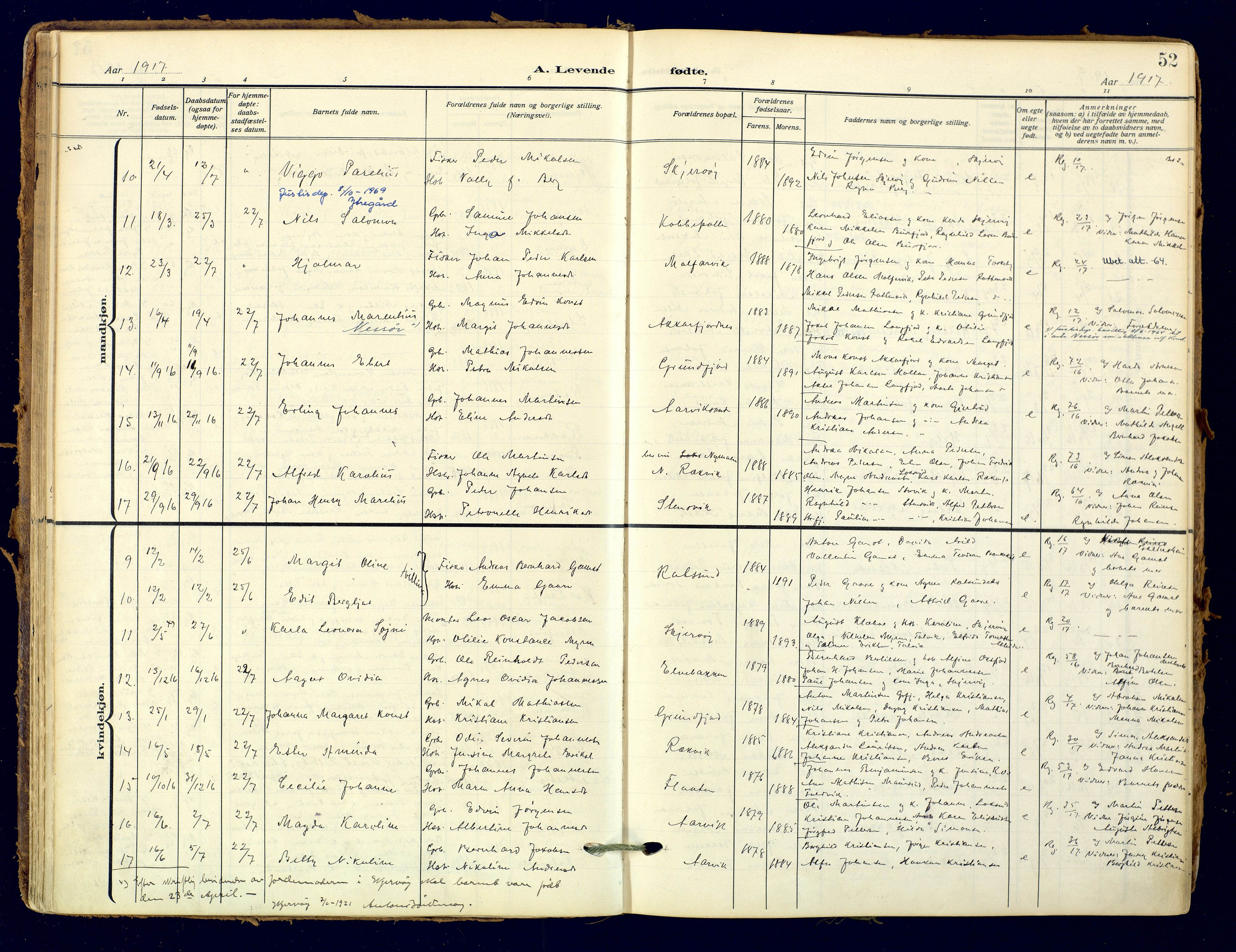 Skjervøy sokneprestkontor, AV/SATØ-S-1300/H/Ha/Haa: Parish register (official) no. 18, 1910-1926, p. 52