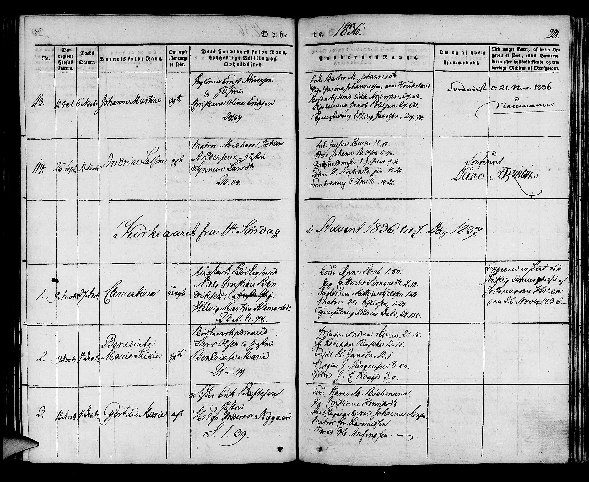 Korskirken sokneprestembete, SAB/A-76101/H/Haa/L0015: Parish register (official) no. B 1, 1833-1841, p. 221