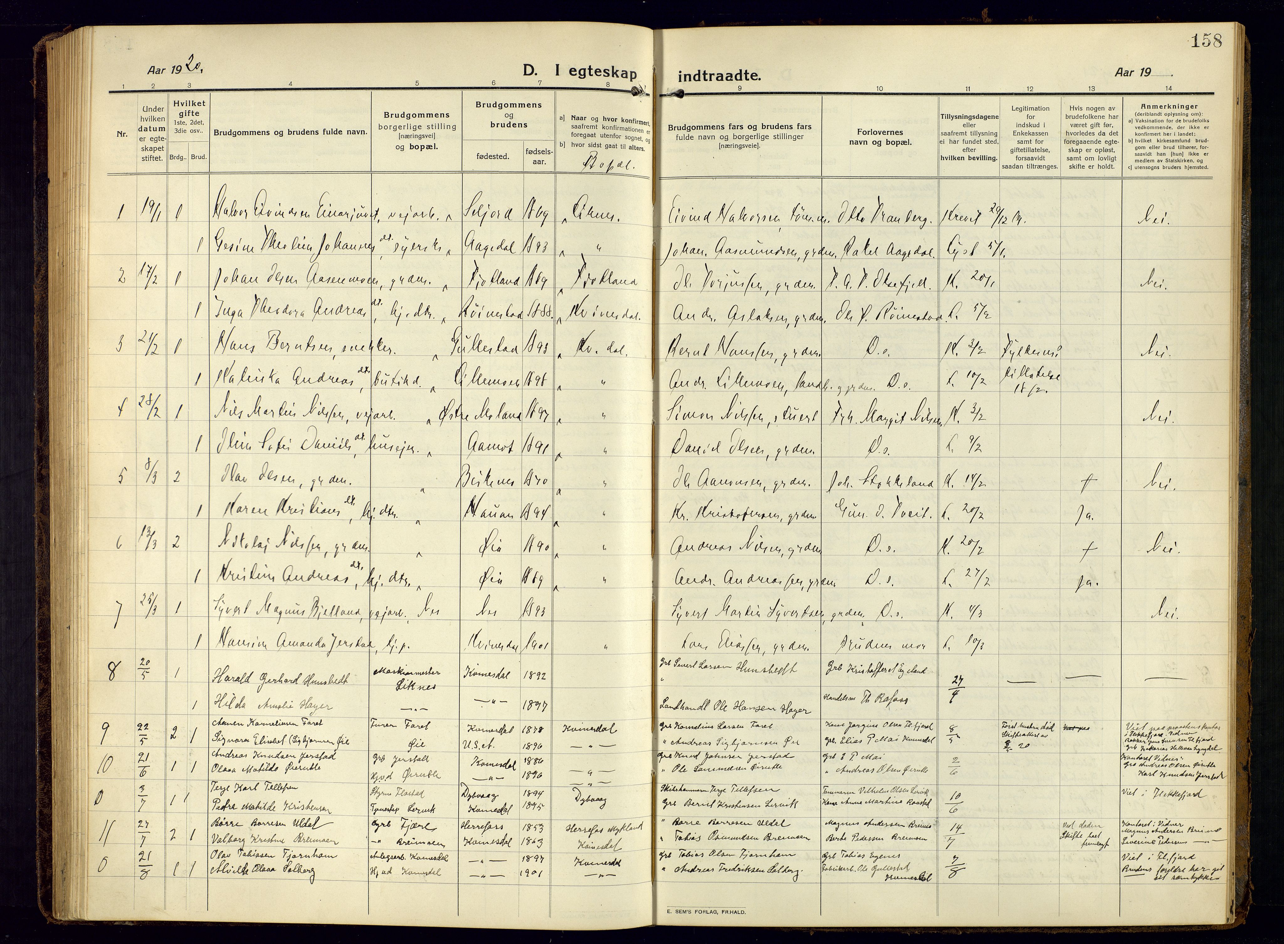 Kvinesdal sokneprestkontor, SAK/1111-0026/F/Fb/Fbb/L0004: Parish register (copy) no. B 4, 1917-1938, p. 158