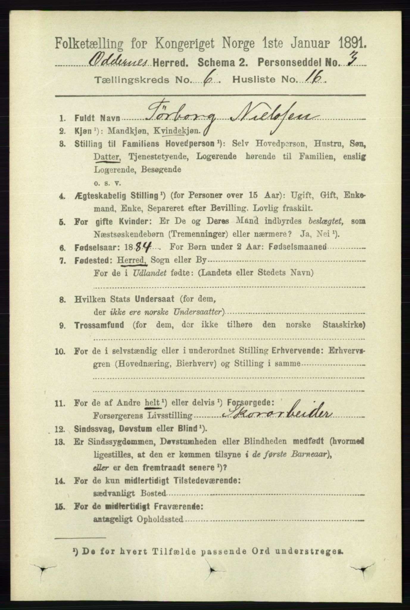 RA, 1891 census for 1012 Oddernes, 1891, p. 2285