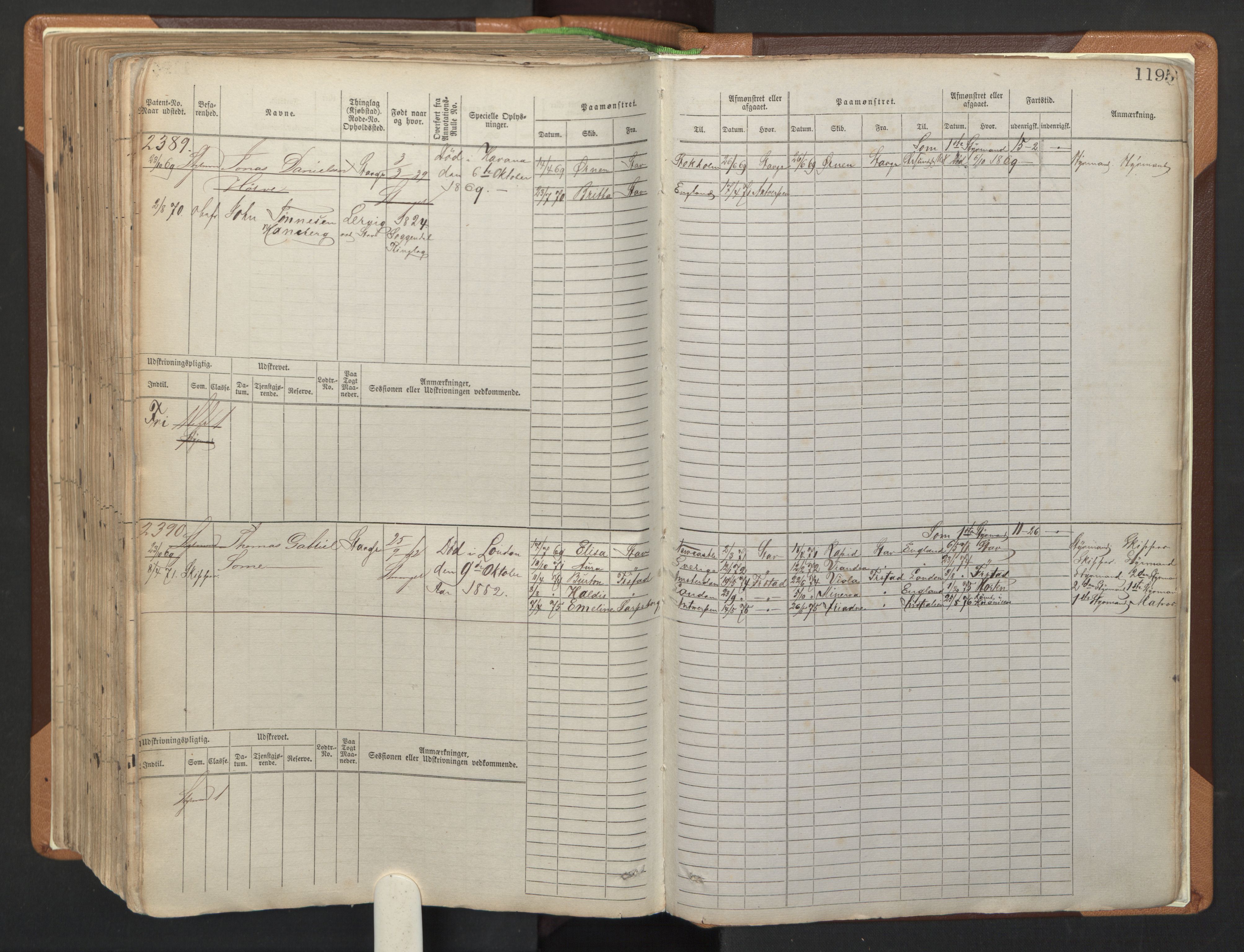 Stavanger sjømannskontor, AV/SAST-A-102006/F/Fb/Fbb/L0006: Sjøfartshovedrulle, patentnr. 1607-2402 (del 3), 1869-1880, p. 395