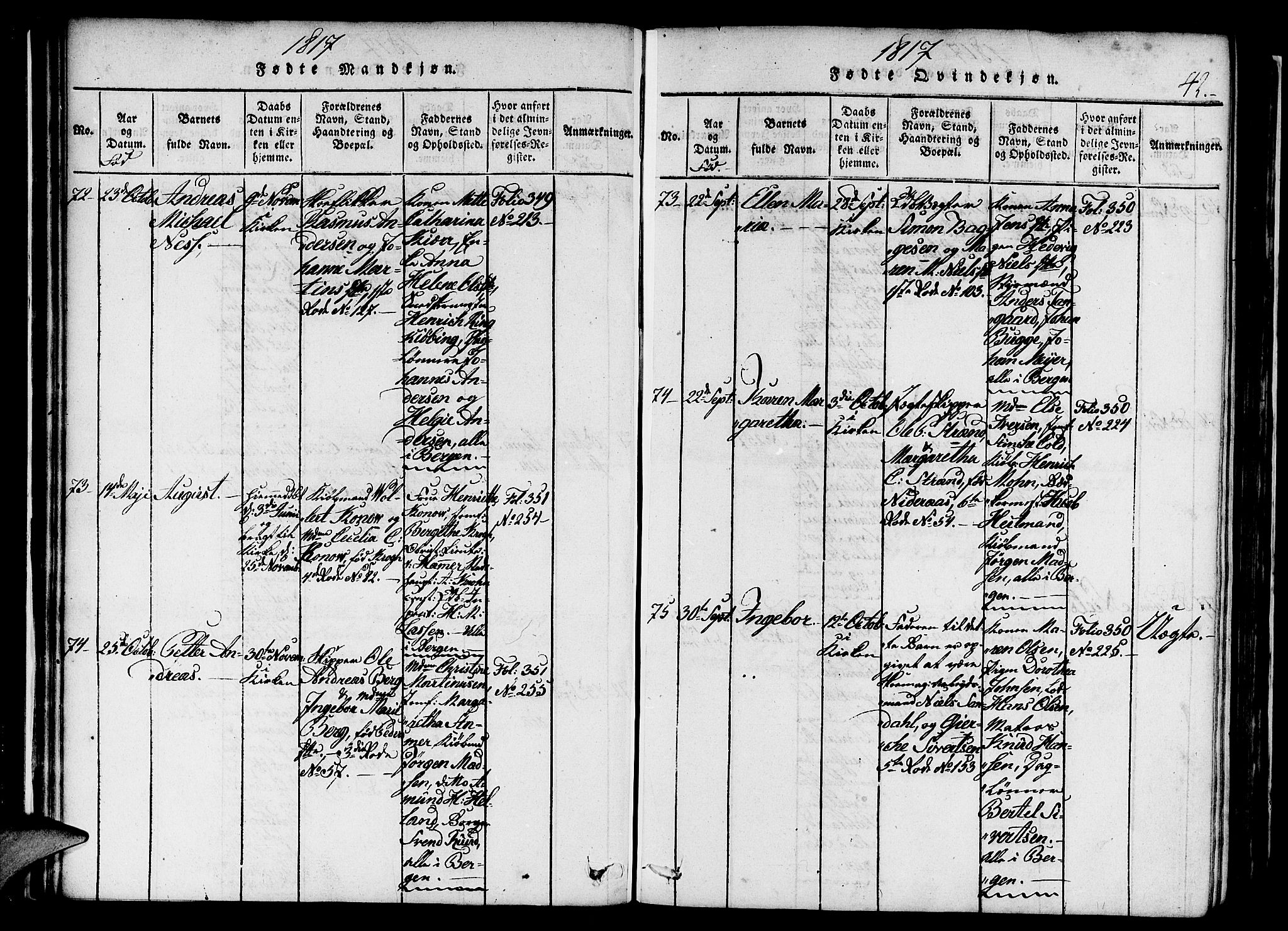 Nykirken Sokneprestembete, AV/SAB-A-77101/H/Haa/L0011: Parish register (official) no. A 11, 1816-1821, p. 43