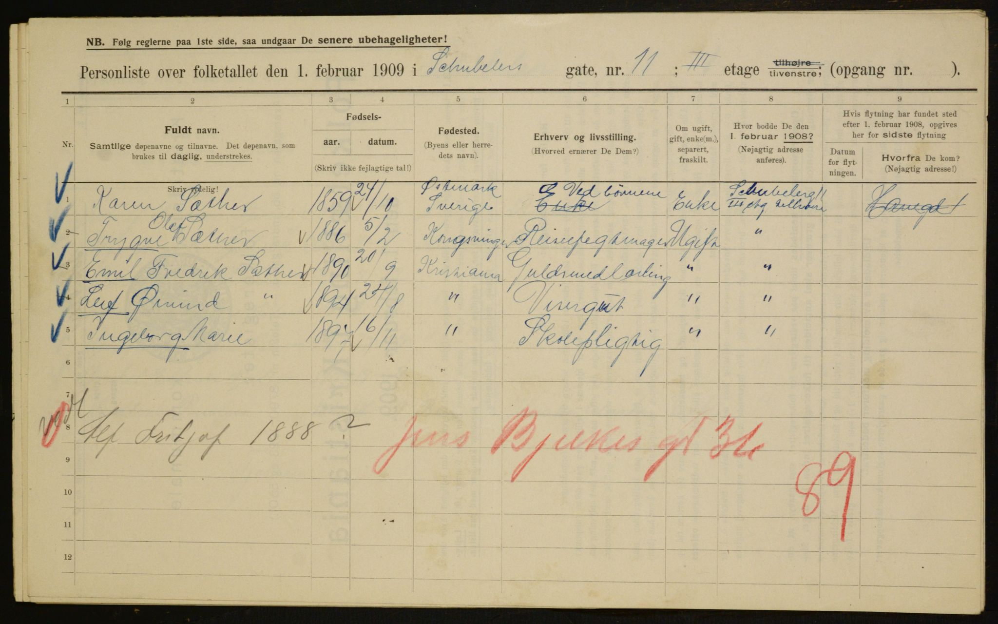 OBA, Municipal Census 1909 for Kristiania, 1909, p. 84347