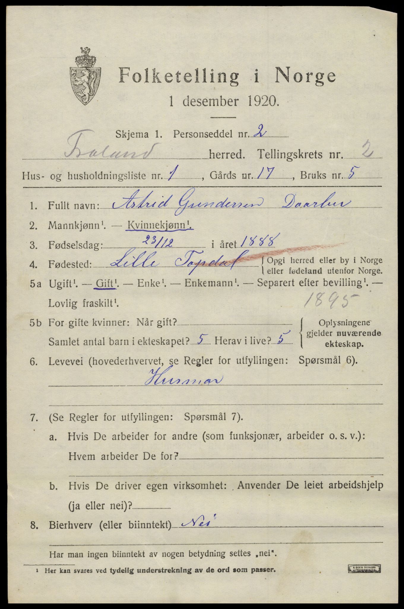 SAK, 1920 census for Froland, 1920, p. 1871