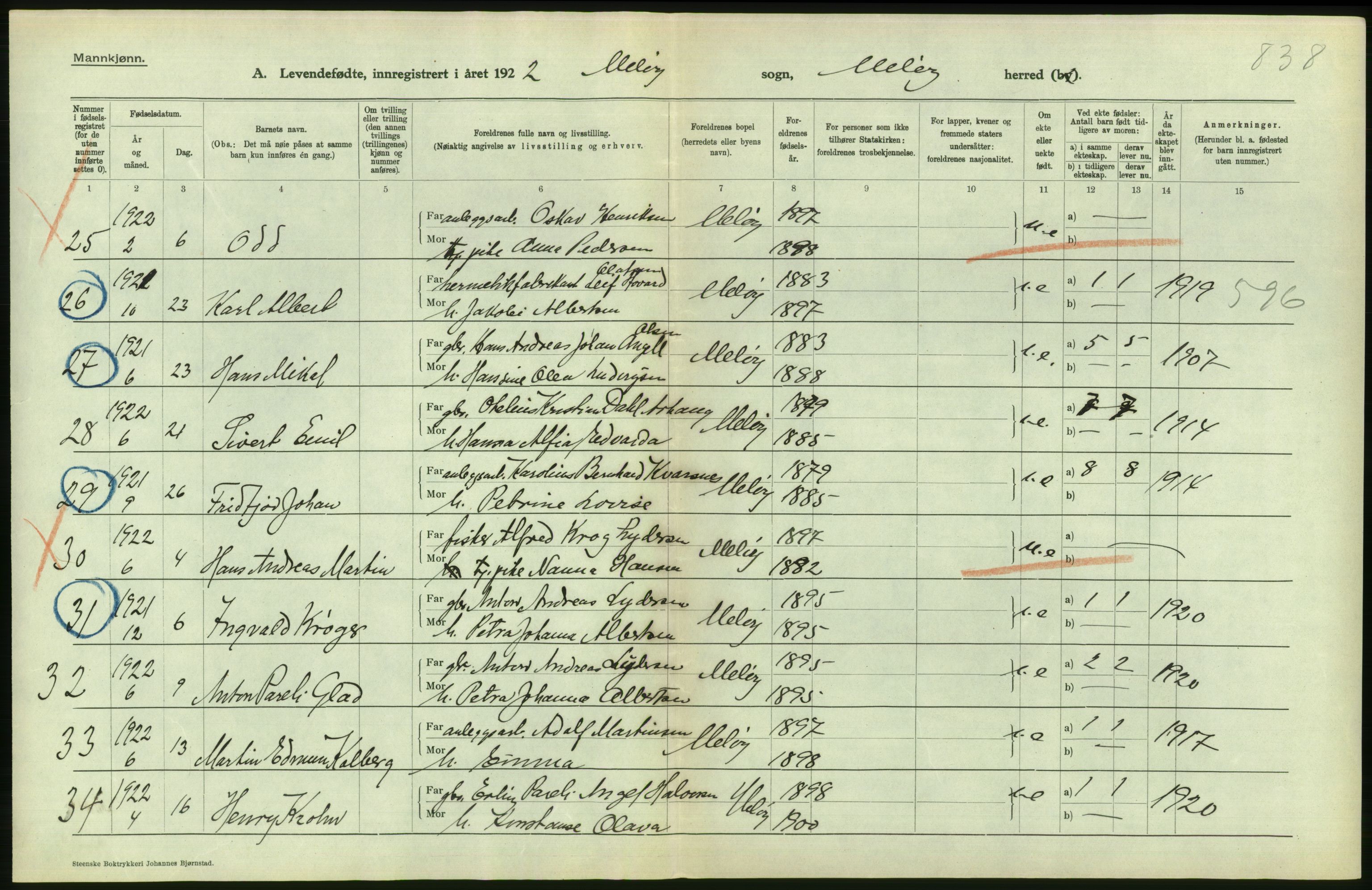 Statistisk sentralbyrå, Sosiodemografiske emner, Befolkning, AV/RA-S-2228/D/Df/Dfc/Dfcb/L0044: Nordland fylke: Levendefødte menn og kvinner. Bygder og byer., 1922, p. 462