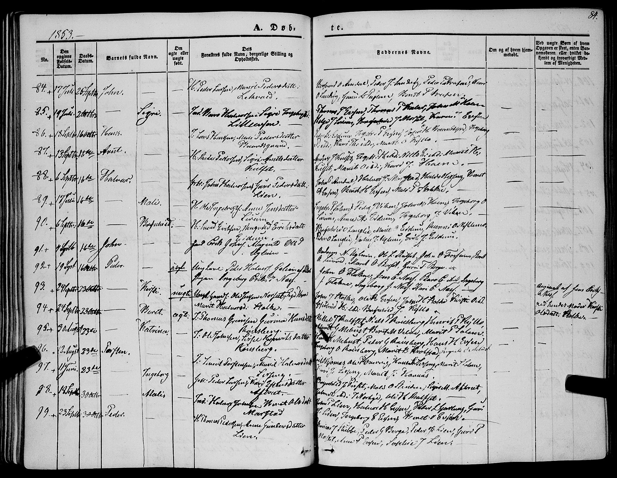 Ministerialprotokoller, klokkerbøker og fødselsregistre - Sør-Trøndelag, SAT/A-1456/695/L1145: Parish register (official) no. 695A06 /1, 1843-1859, p. 84