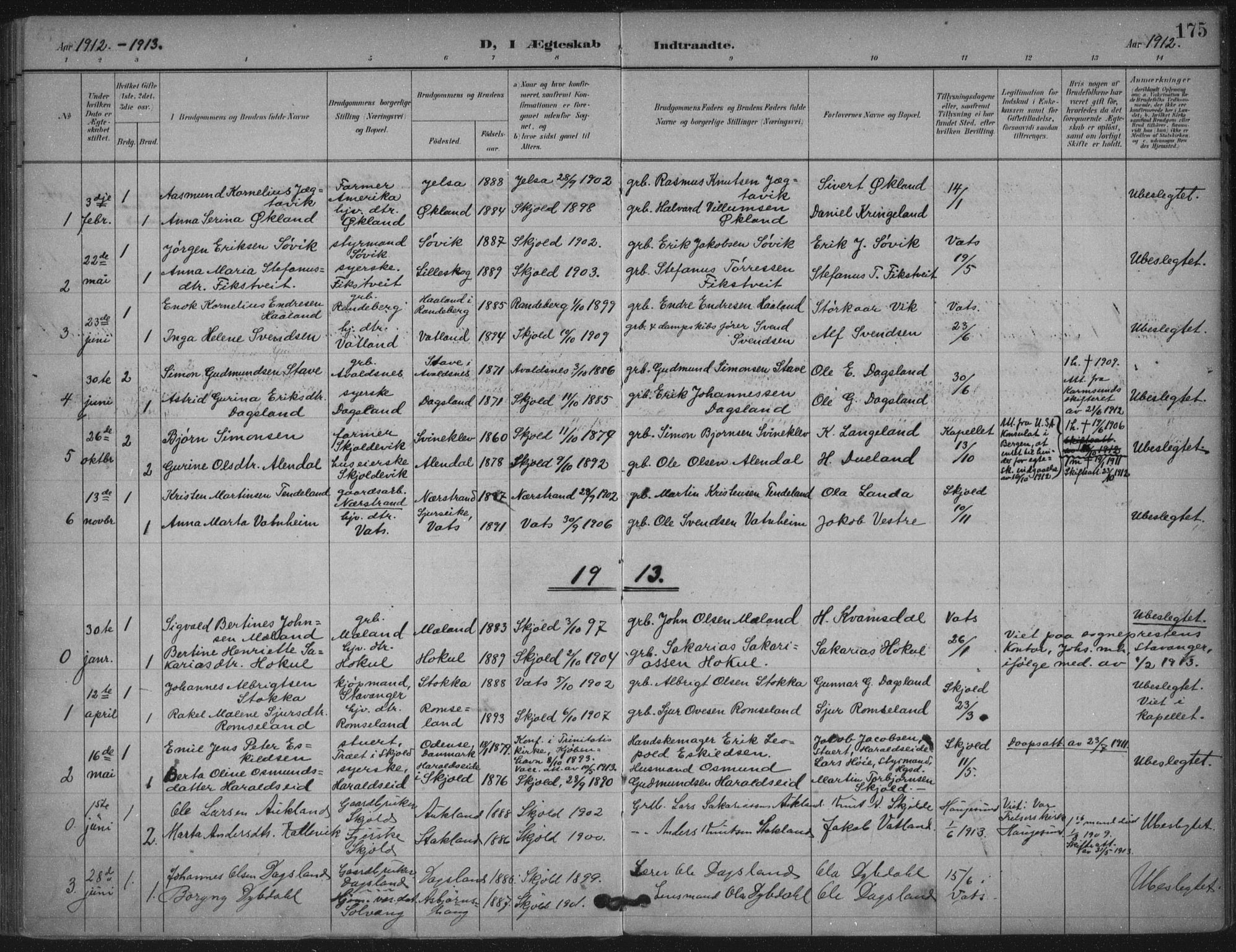 Skjold sokneprestkontor, SAST/A-101847/H/Ha/Haa/L0011: Parish register (official) no. A 11, 1897-1914, p. 175