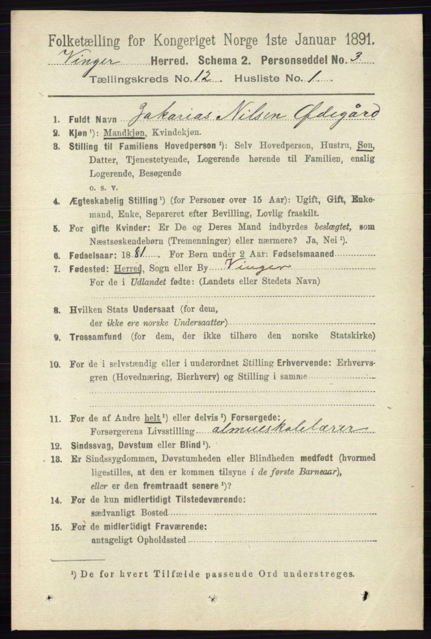 RA, 1891 census for 0421 Vinger, 1891, p. 5774