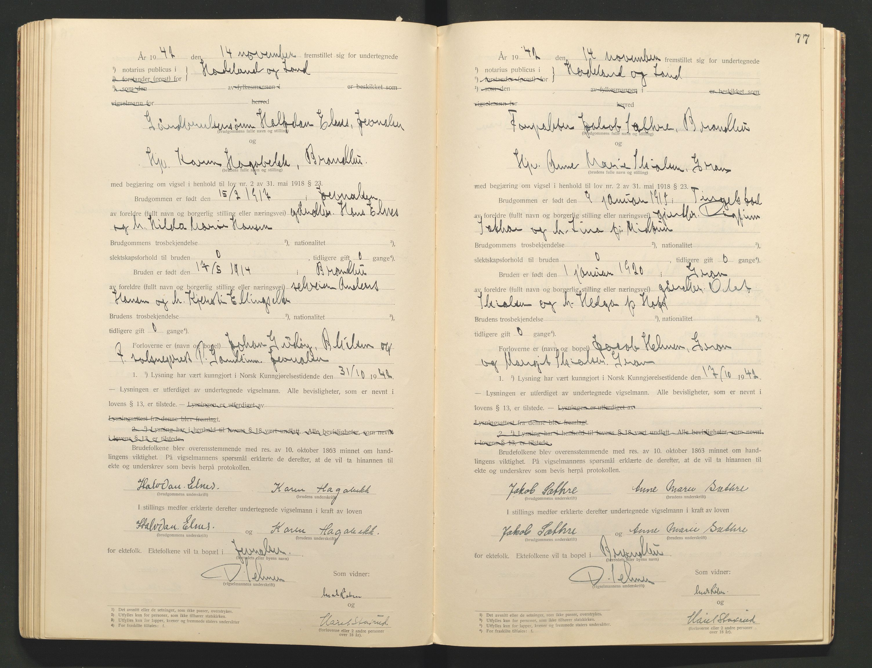 Hadeland og Land tingrett, AV/SAH-TING-010/L/Lb/L0001: Vigselbok, 1920-1943, p. 77