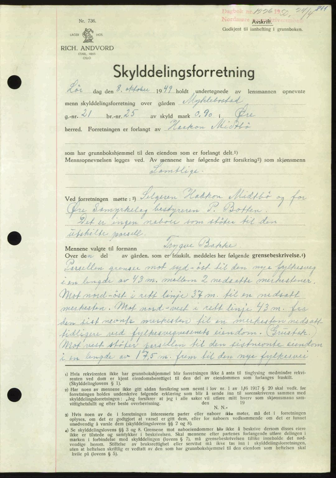 Nordmøre sorenskriveri, AV/SAT-A-4132/1/2/2Ca: Mortgage book no. A114, 1950-1950, Diary no: : 1226/1950