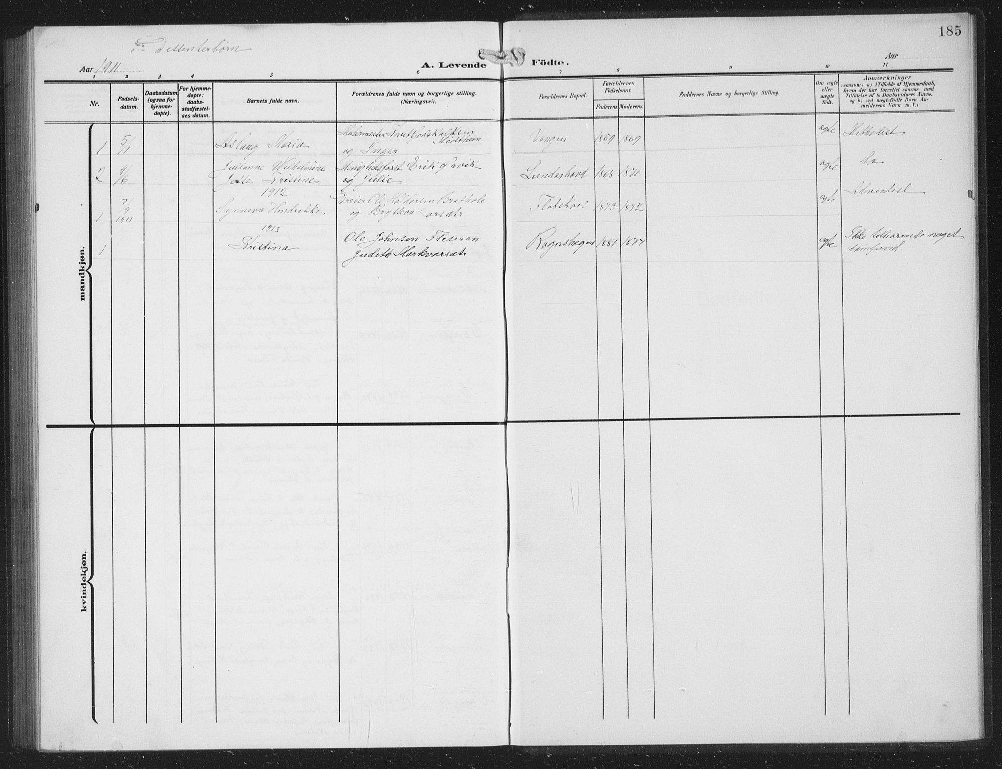 Voss sokneprestembete, SAB/A-79001/H/Hab: Parish register (copy) no. C 3, 1909-1920, p. 185