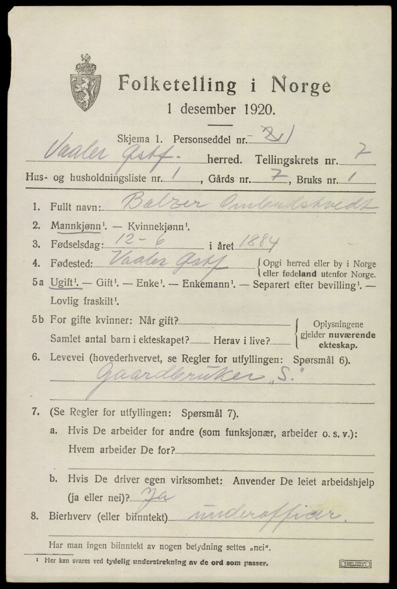 SAO, 1920 census for Våler, 1920, p. 3420