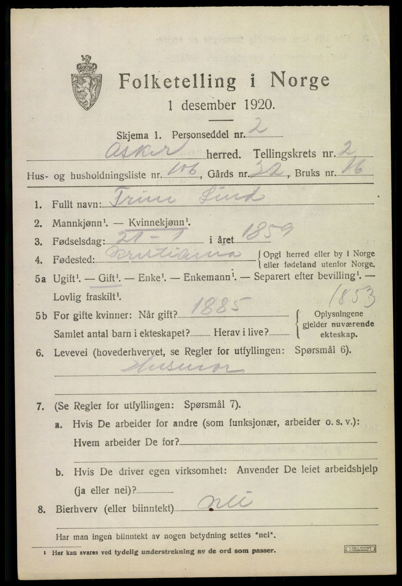 SAO, 1920 census for Asker, 1920, p. 7052