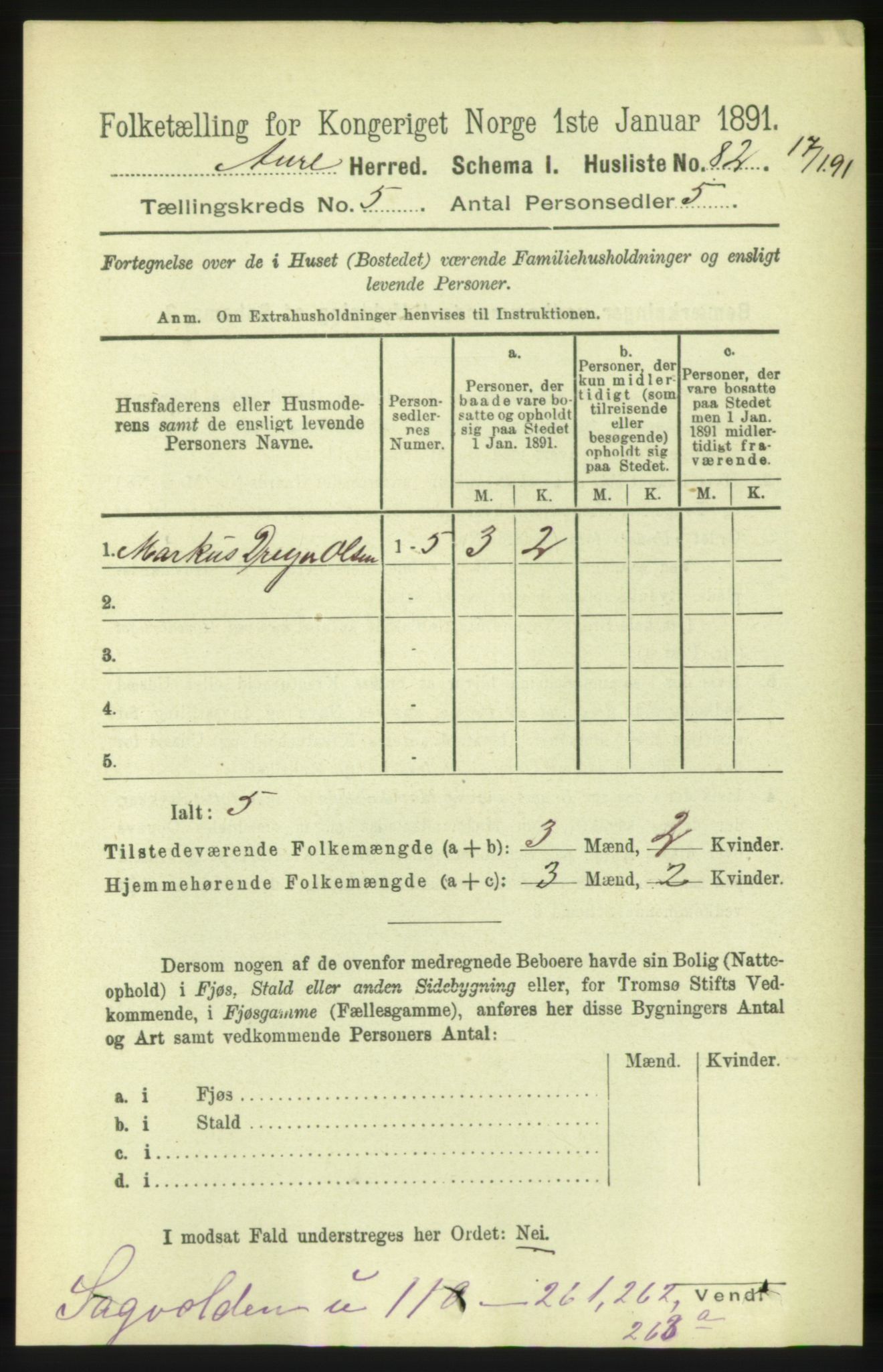 RA, 1891 census for 1569 Aure, 1891, p. 2695