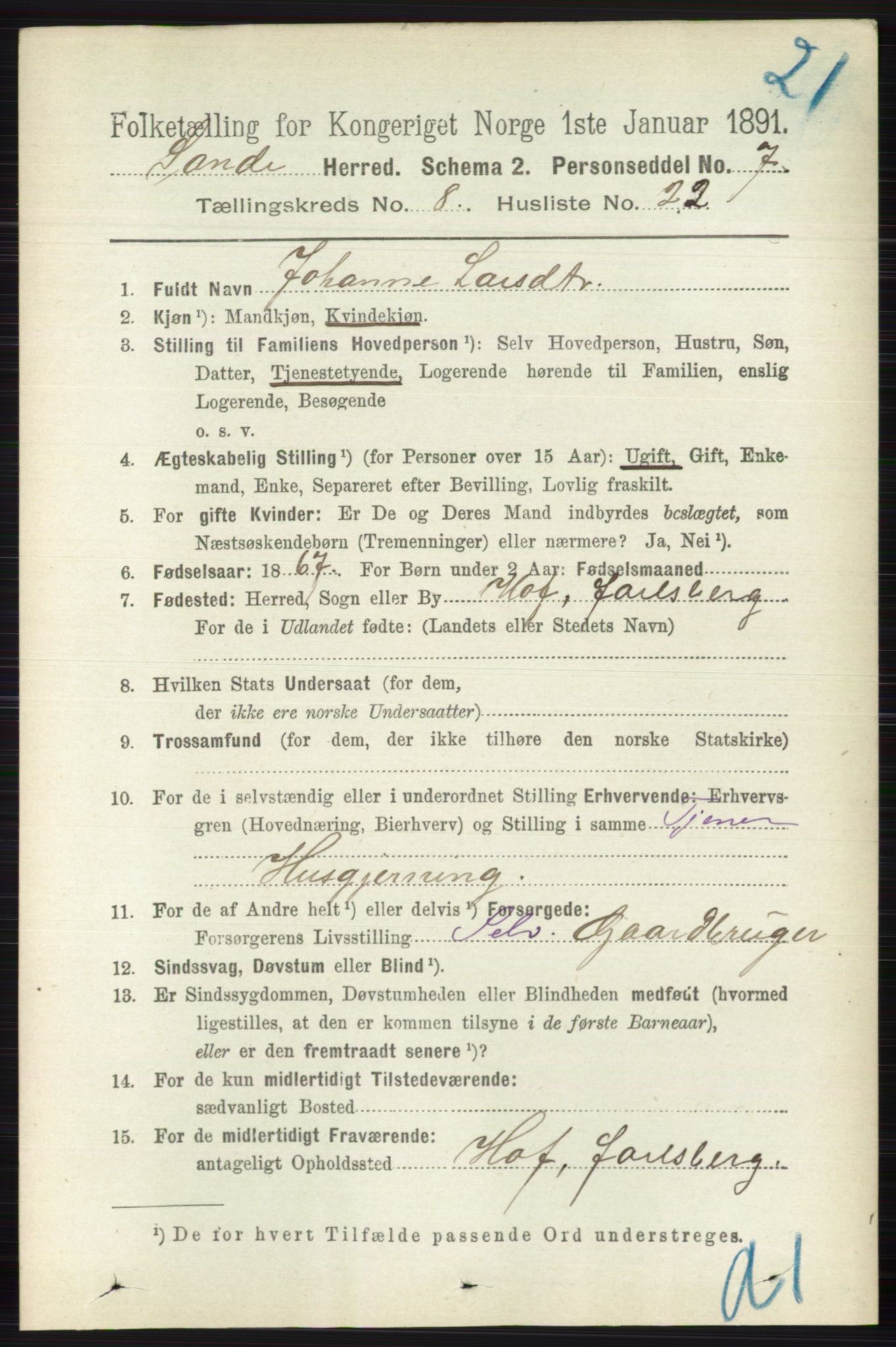 RA, 1891 census for 0713 Sande, 1891, p. 3662