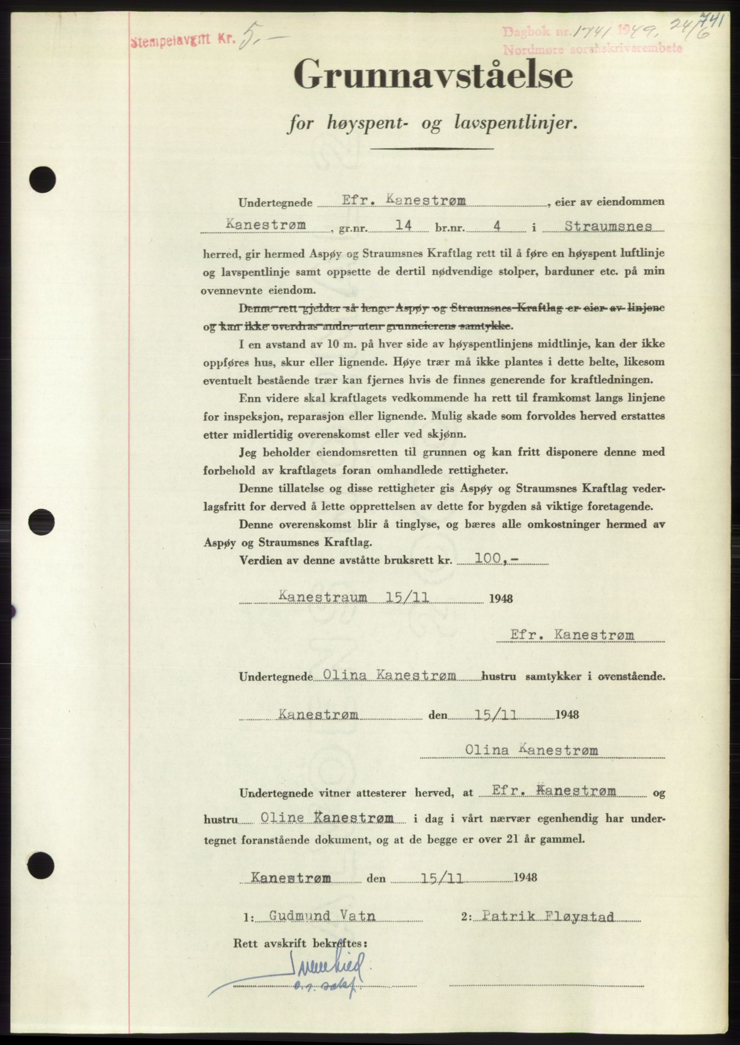 Nordmøre sorenskriveri, AV/SAT-A-4132/1/2/2Ca: Mortgage book no. B101, 1949-1949, Diary no: : 1741/1949