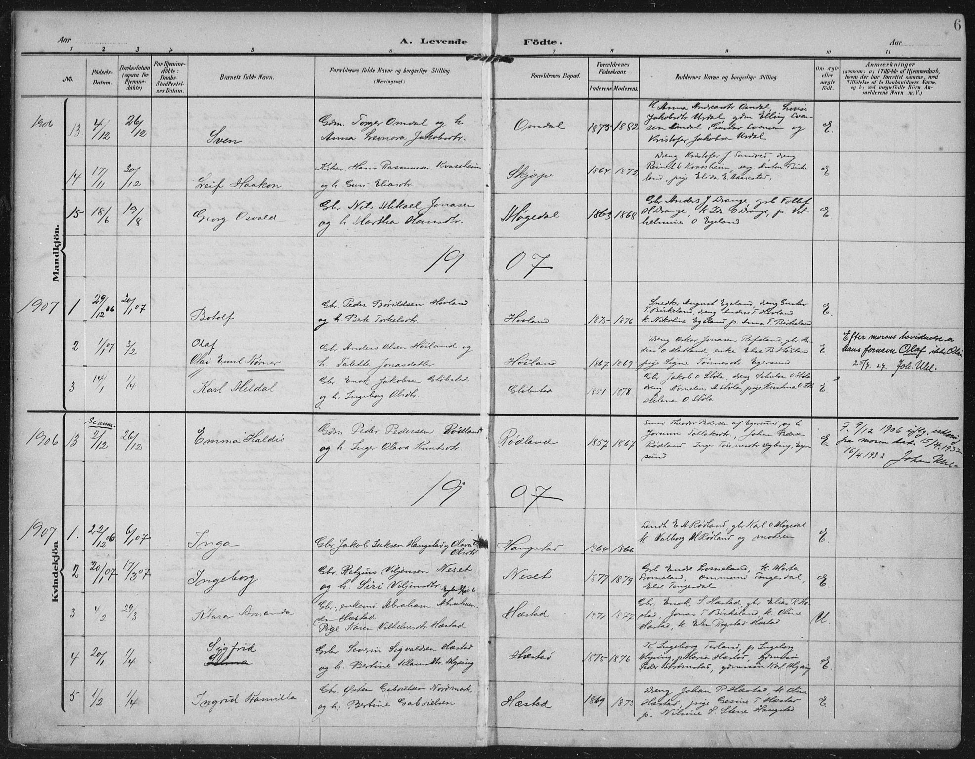 Helleland sokneprestkontor, SAST/A-101810: Parish register (official) no. A 12, 1906-1923, p. 6