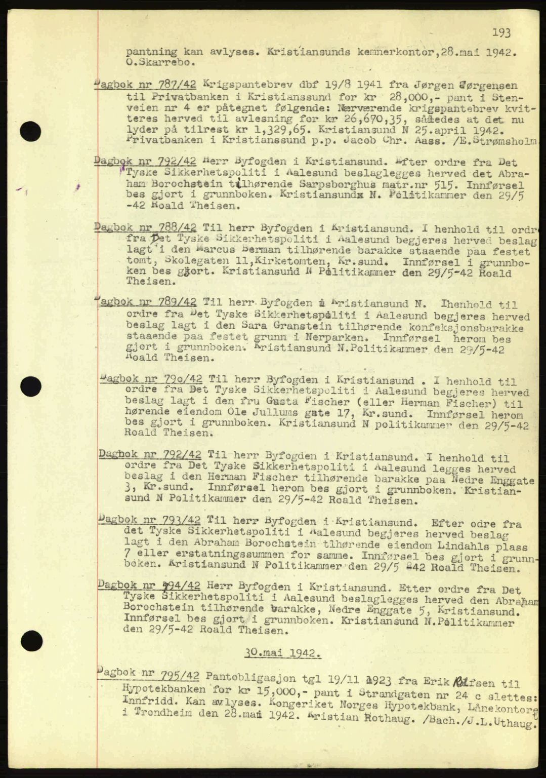 Kristiansund byfogd, SAT/A-4587/A/27: Mortgage book no. 32a, 1938-1946, Diary no: : 787/1942