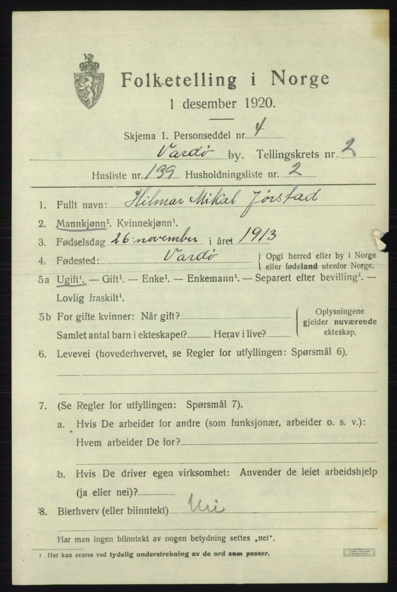 SATØ, 1920 census for Vardø, 1920, p. 8112