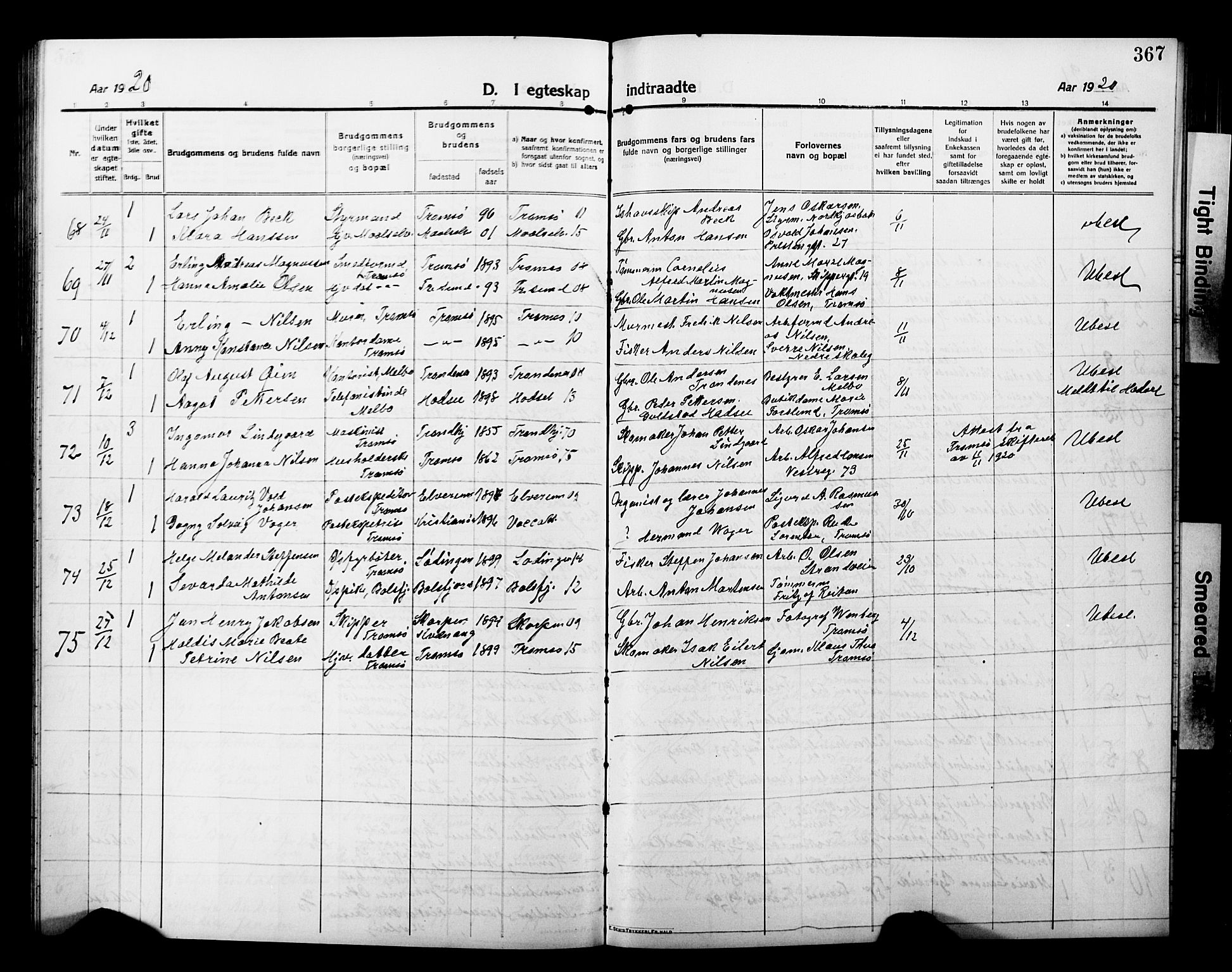 Tromsø sokneprestkontor/stiftsprosti/domprosti, SATØ/S-1343/G/Gb/L0009klokker: Parish register (copy) no. 9, 1915-1925, p. 367