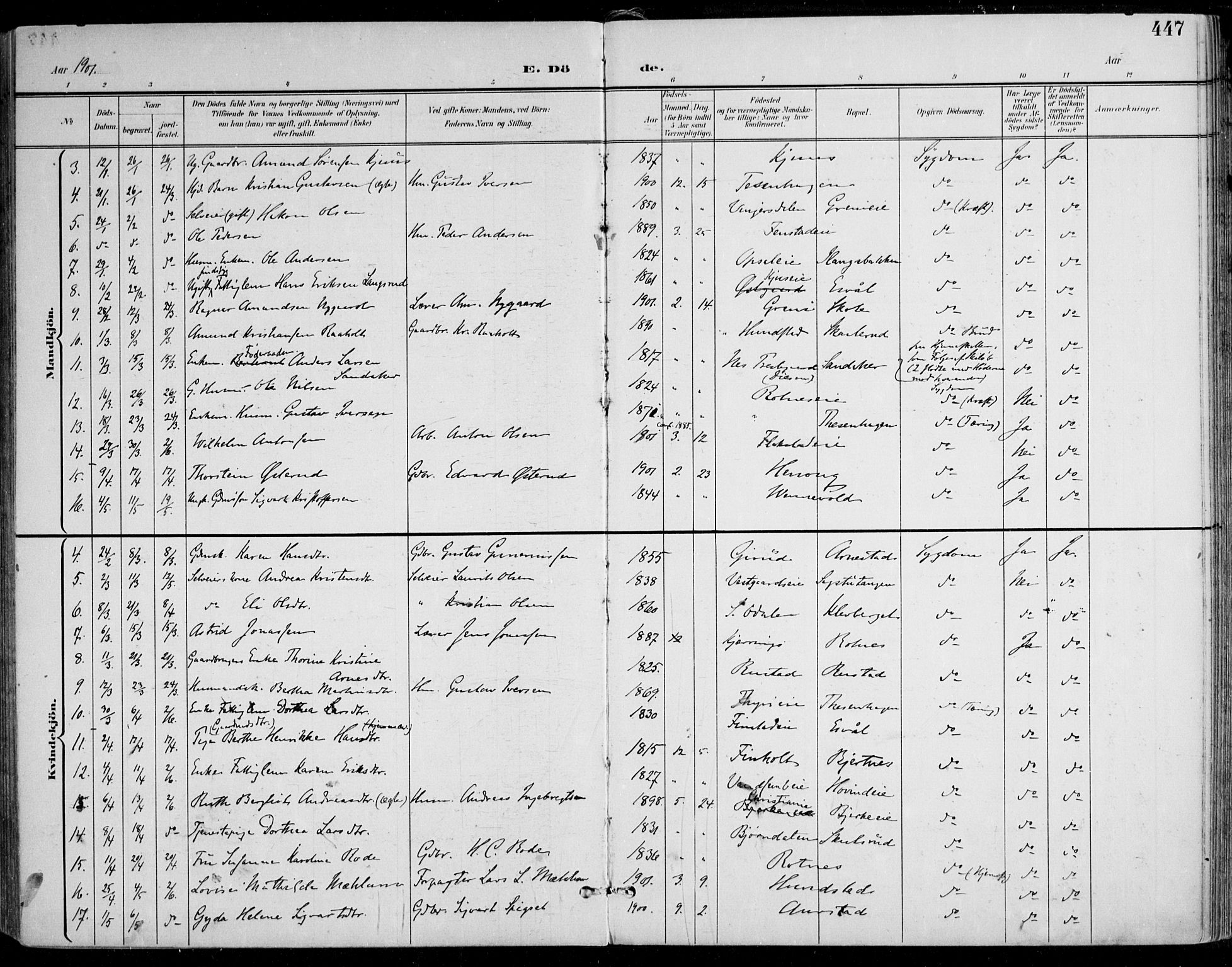Nes prestekontor Kirkebøker, SAO/A-10410/F/Fa/L0011: Parish register (official) no. I 11, 1899-1918, p. 447
