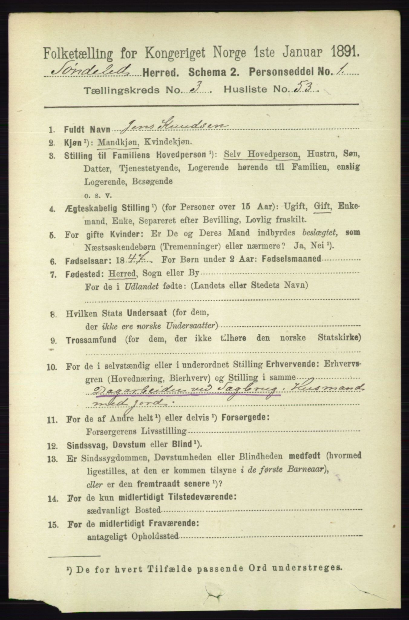 RA, 1891 census for 0913 Søndeled, 1891, p. 869