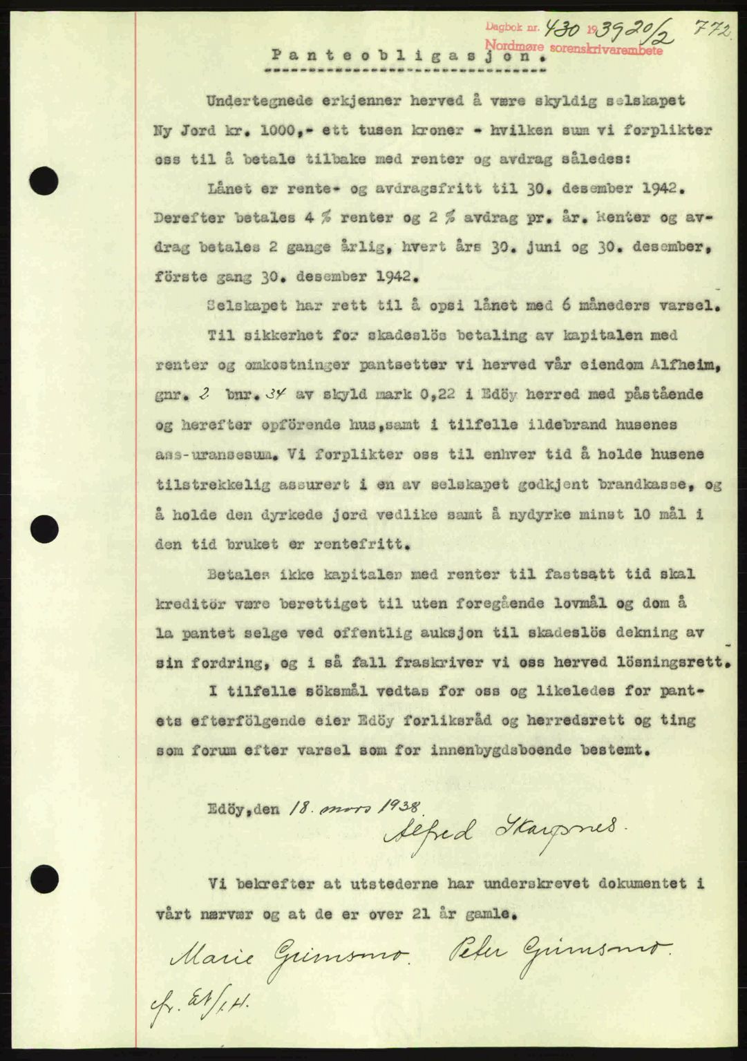 Nordmøre sorenskriveri, AV/SAT-A-4132/1/2/2Ca: Mortgage book no. B84, 1938-1939, Diary no: : 430/1939