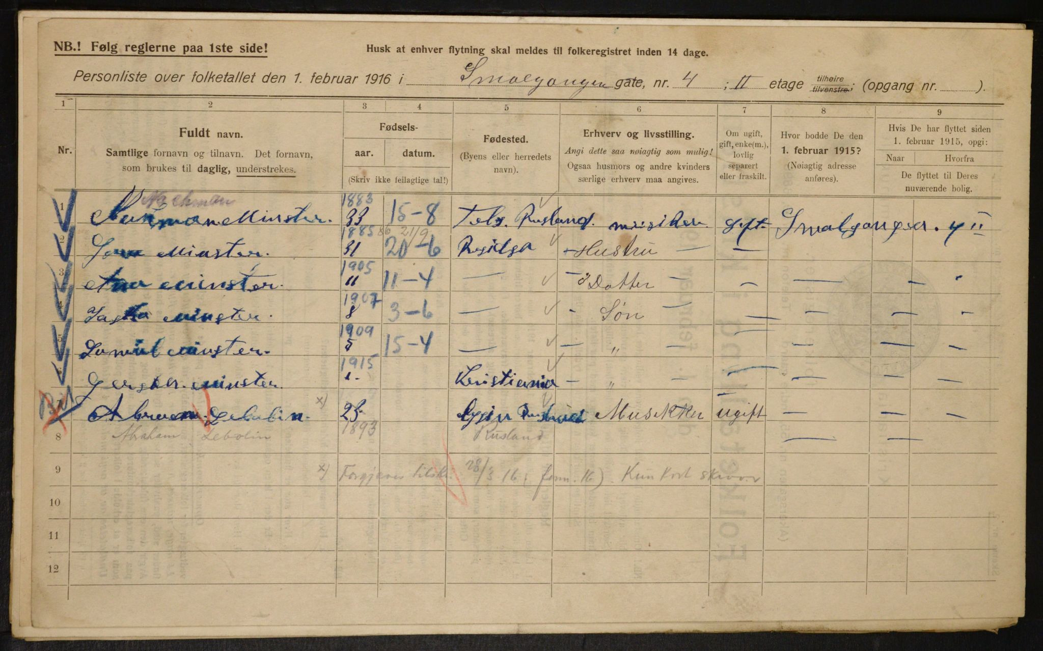 OBA, Municipal Census 1916 for Kristiania, 1916, p. 99457