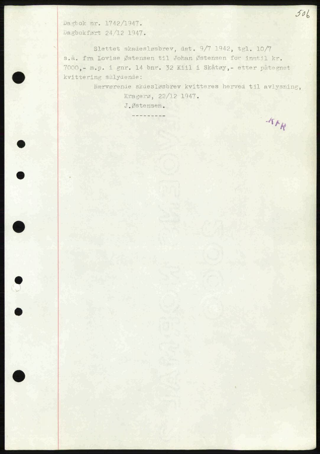 Kragerø sorenskriveri, AV/SAKO-A-65/G/Ga/Gab/L0062: Mortgage book no. A-62, 1947-1947, Diary no: : 1742/1947