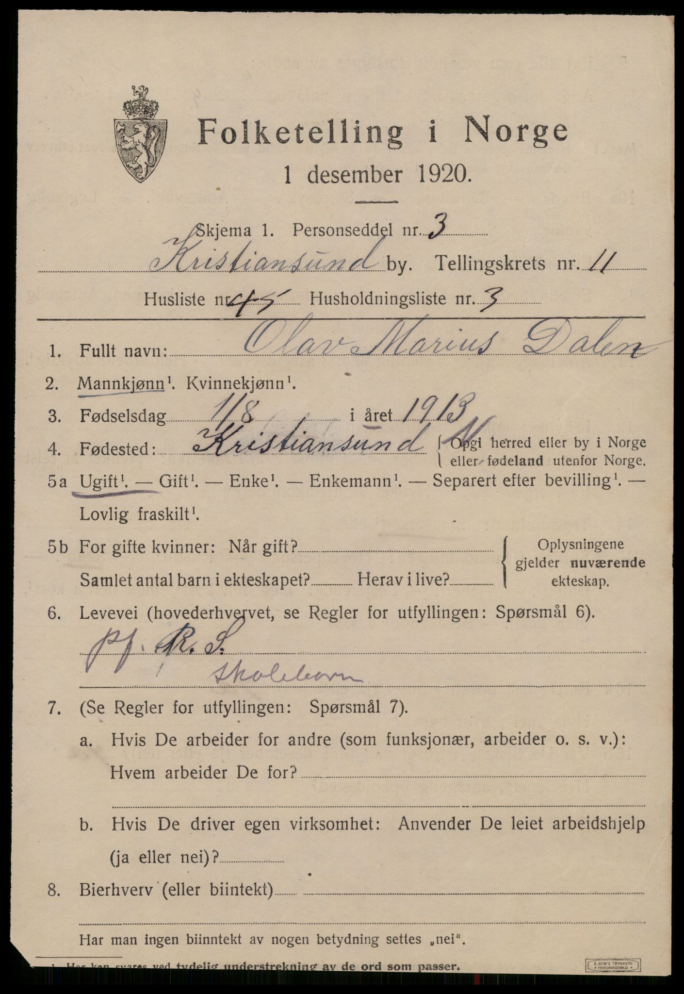 SAT, 1920 census for Kristiansund, 1920, p. 25271