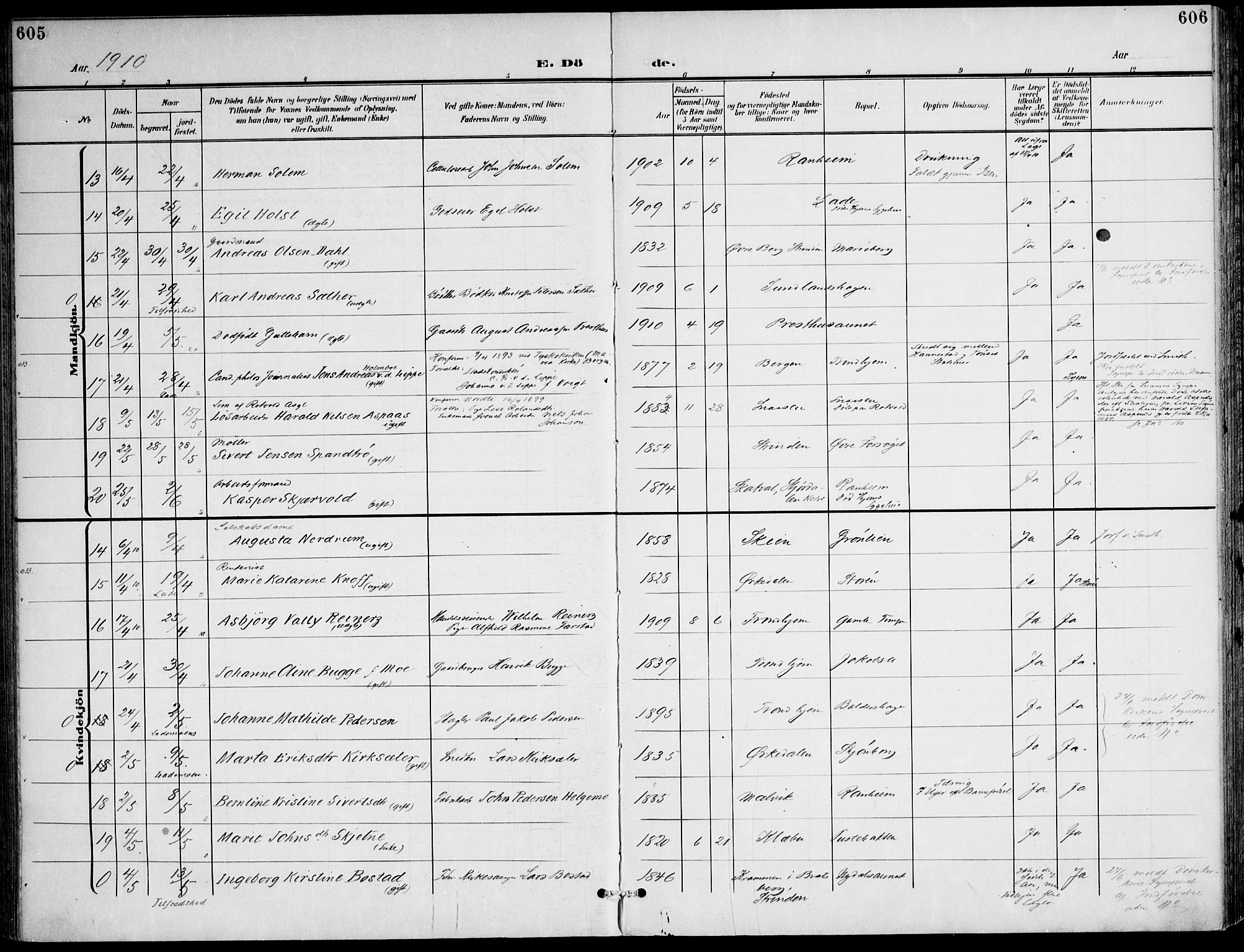 Ministerialprotokoller, klokkerbøker og fødselsregistre - Sør-Trøndelag, SAT/A-1456/607/L0320: Parish register (official) no. 607A04, 1907-1915, p. 605-606