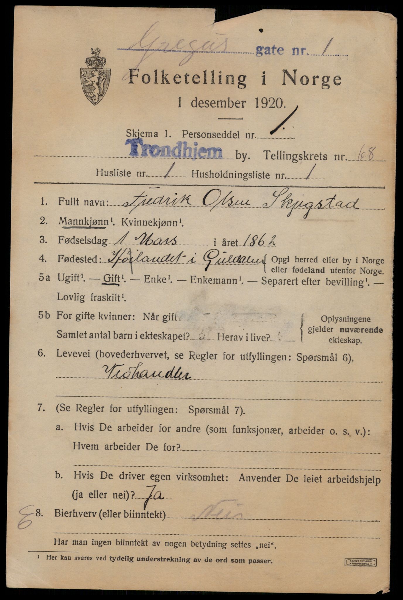 SAT, 1920 census for Trondheim, 1920, p. 133968