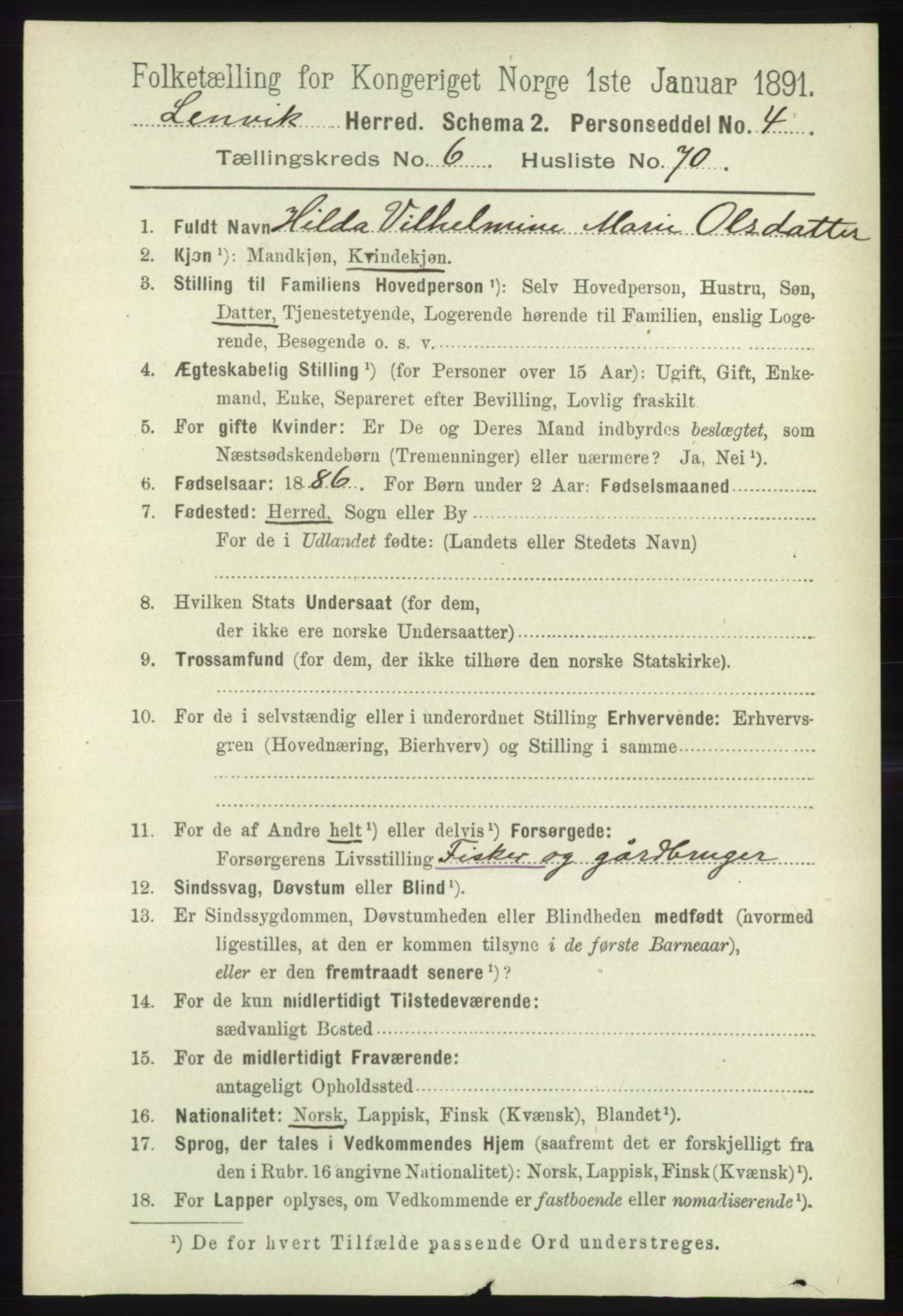 RA, 1891 census for 1931 Lenvik, 1891, p. 3688