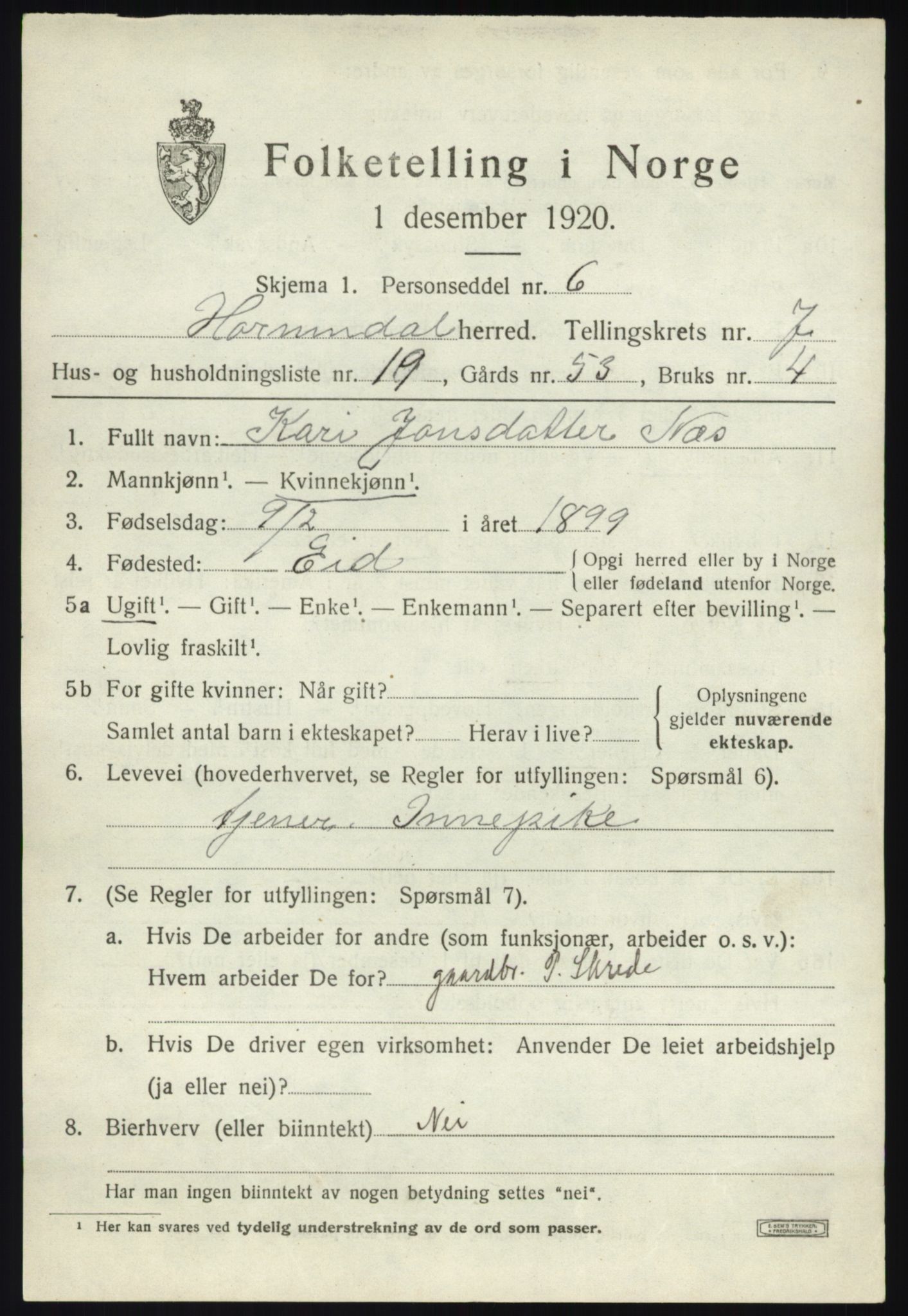SAB, 1920 census for Hornindal, 1920, p. 3798
