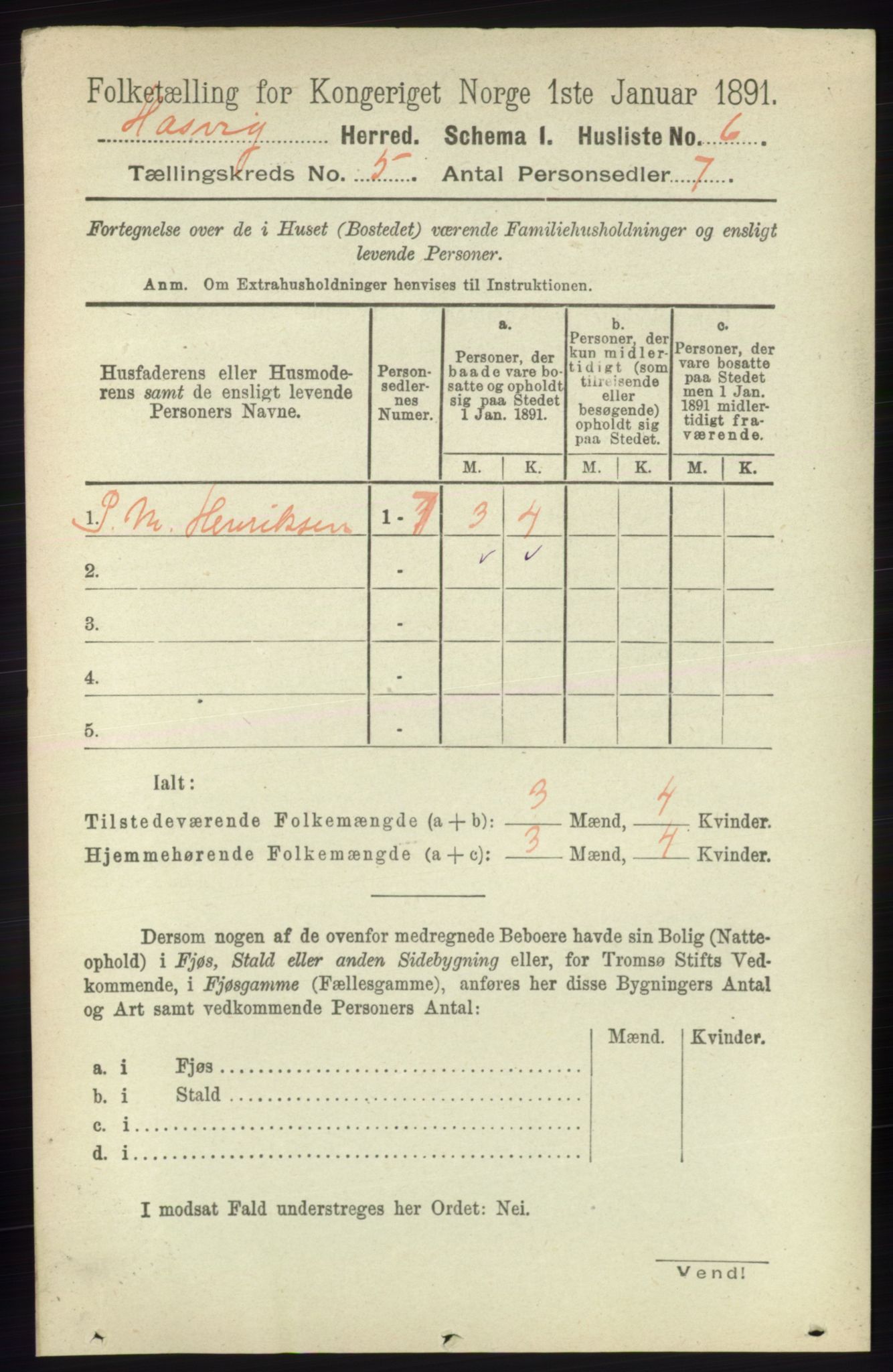 RA, 1891 census for 2015 Hasvik, 1891, p. 609