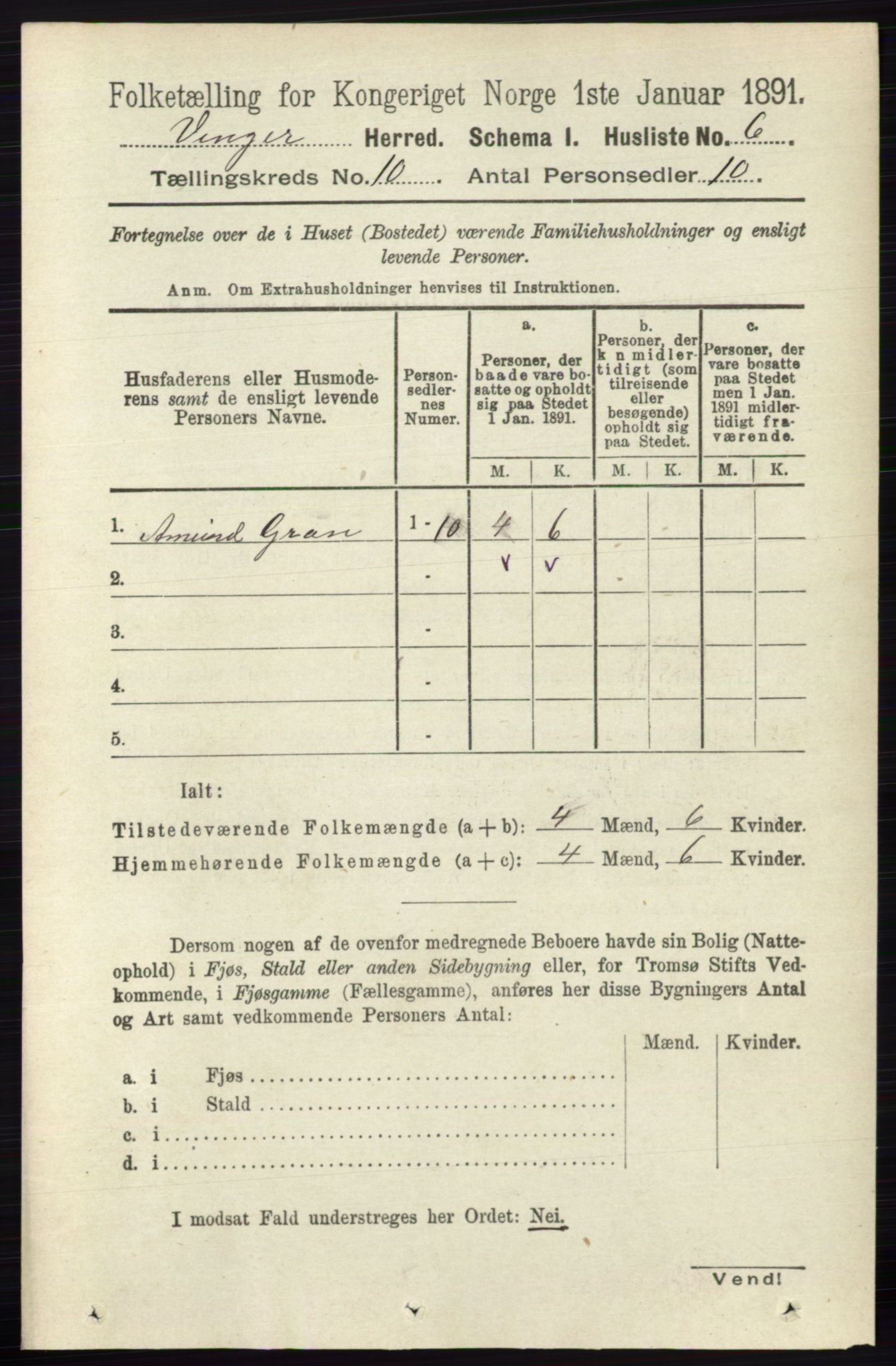 RA, 1891 census for 0421 Vinger, 1891, p. 4815