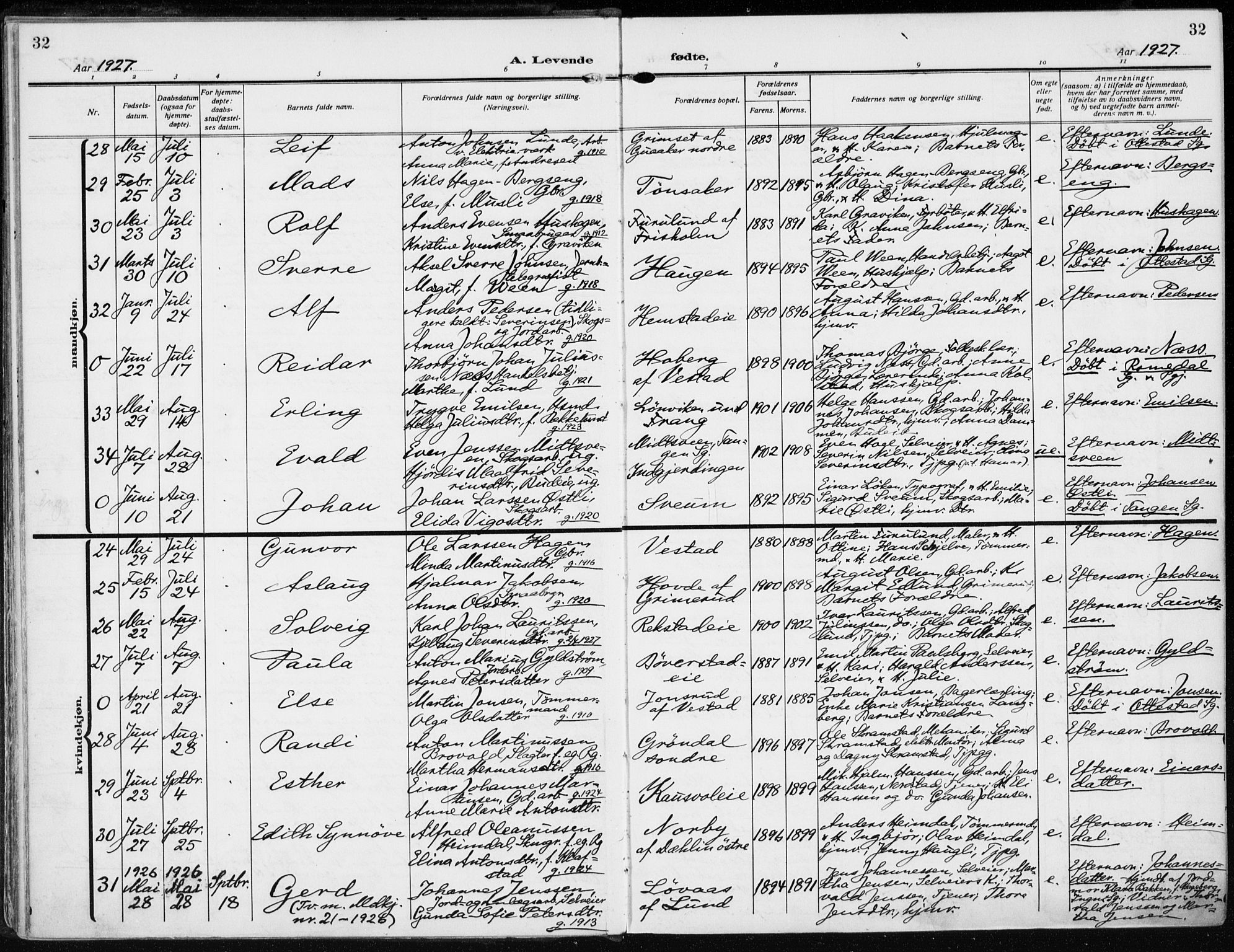 Stange prestekontor, AV/SAH-PREST-002/K/L0026: Parish register (official) no. 26, 1923-1937, p. 32