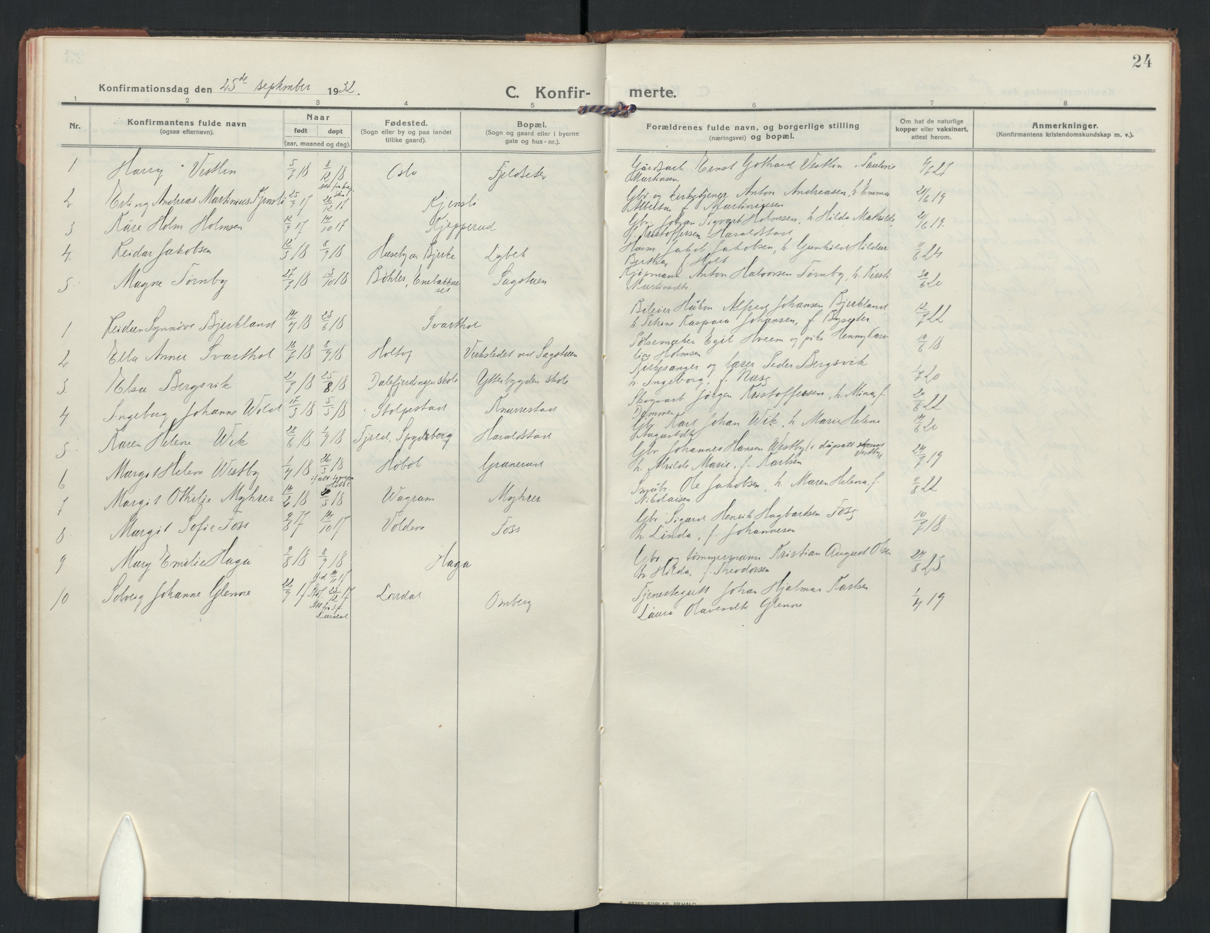 Enebakk prestekontor Kirkebøker, AV/SAO-A-10171c/F/Fb/L0004: Parish register (official) no. II 4, 1912-1958, p. 24