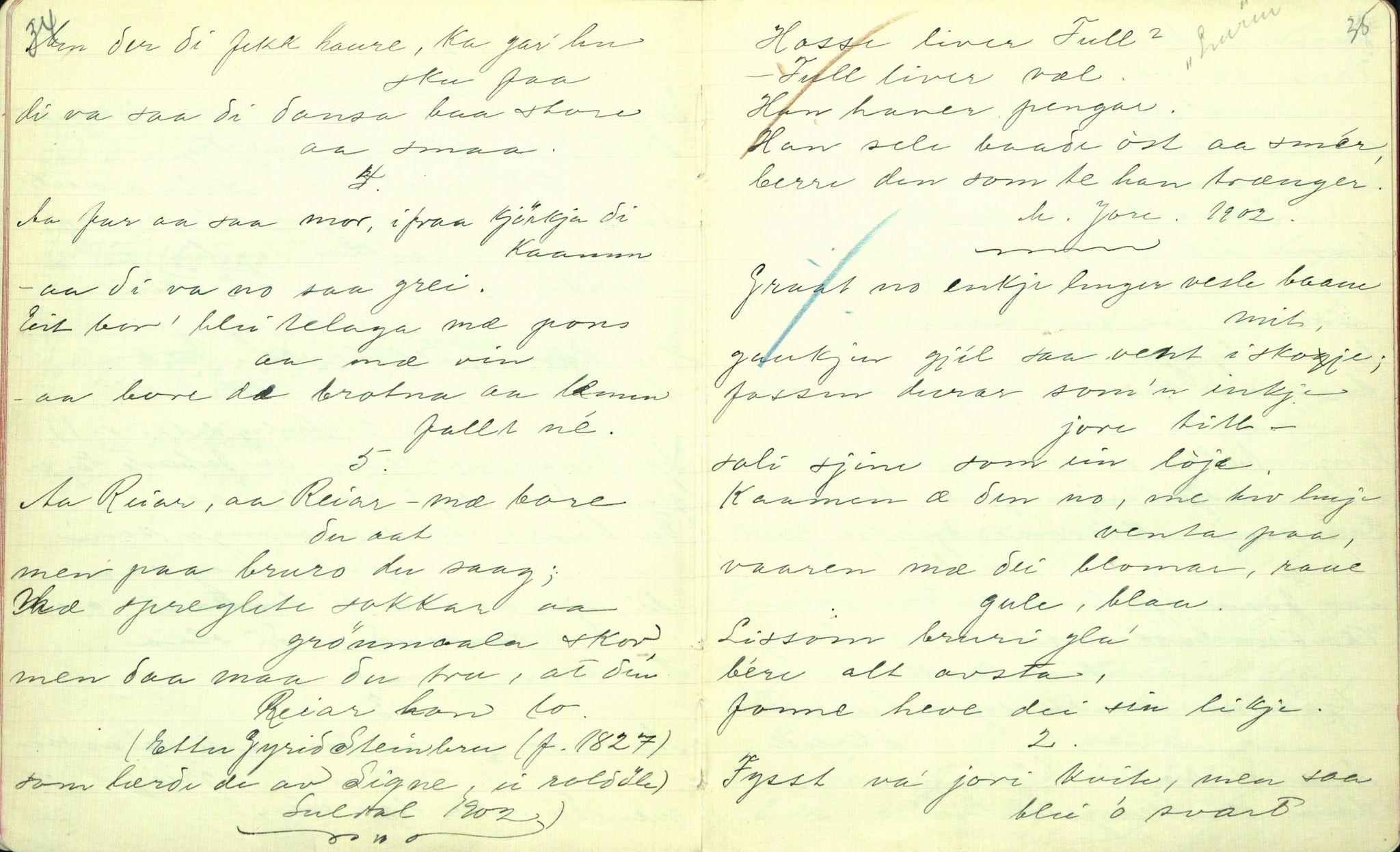 Rikard Berge, TEMU/TGM-A-1003/F/L0001/0023: 001-030 Innholdslister / 19. Visur og reglur II, 1902, p. 34-35