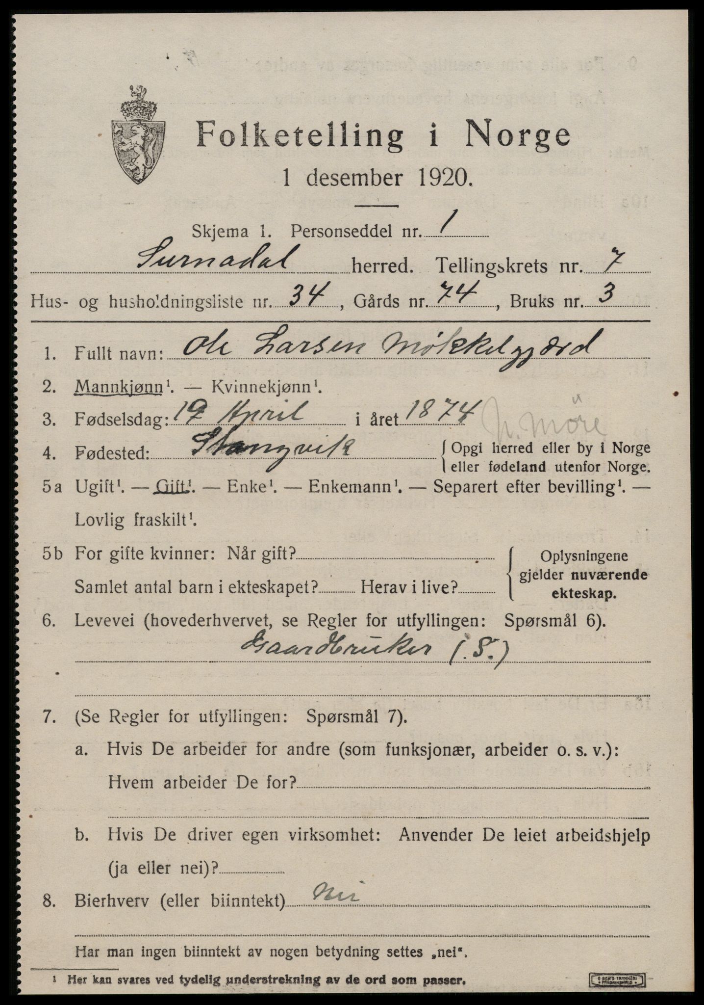 SAT, 1920 census for Surnadal, 1920, p. 5401