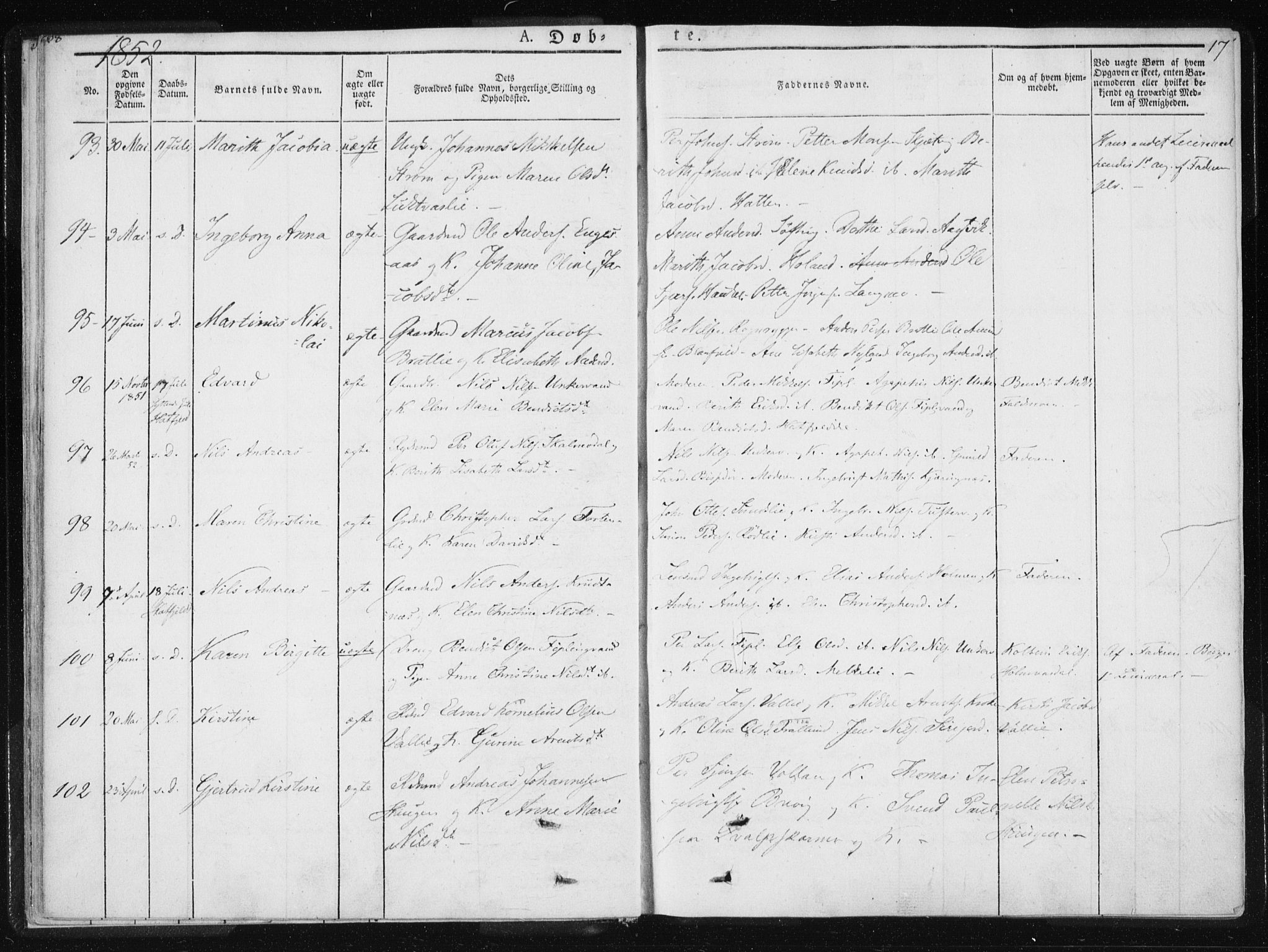 Ministerialprotokoller, klokkerbøker og fødselsregistre - Nordland, SAT/A-1459/820/L0292: Parish register (official) no. 820A13, 1851-1854, p. 17