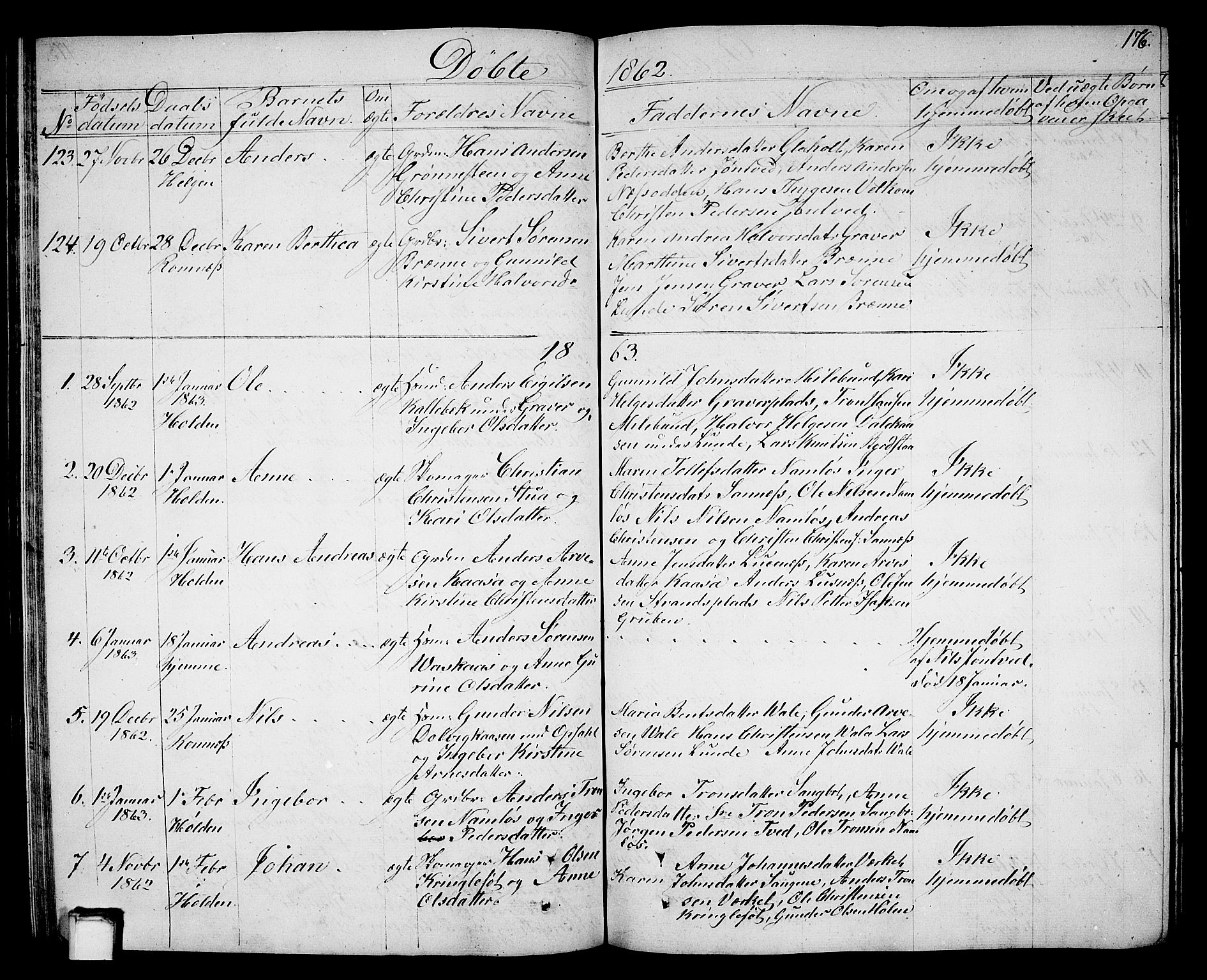 Holla kirkebøker, AV/SAKO-A-272/G/Ga/L0003: Parish register (copy) no. I 3, 1849-1866, p. 176