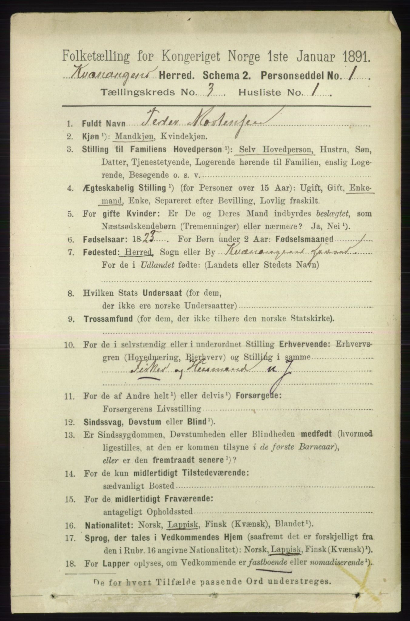 RA, 1891 census for 1943 Kvænangen, 1891, p. 1065