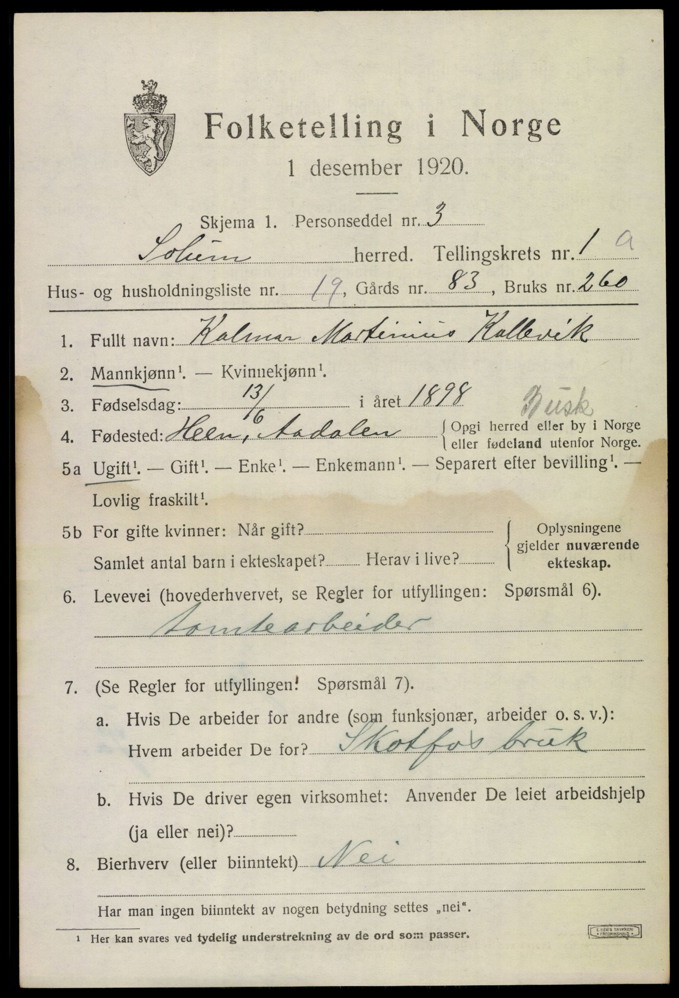 SAKO, 1920 census for Solum, 1920, p. 6986