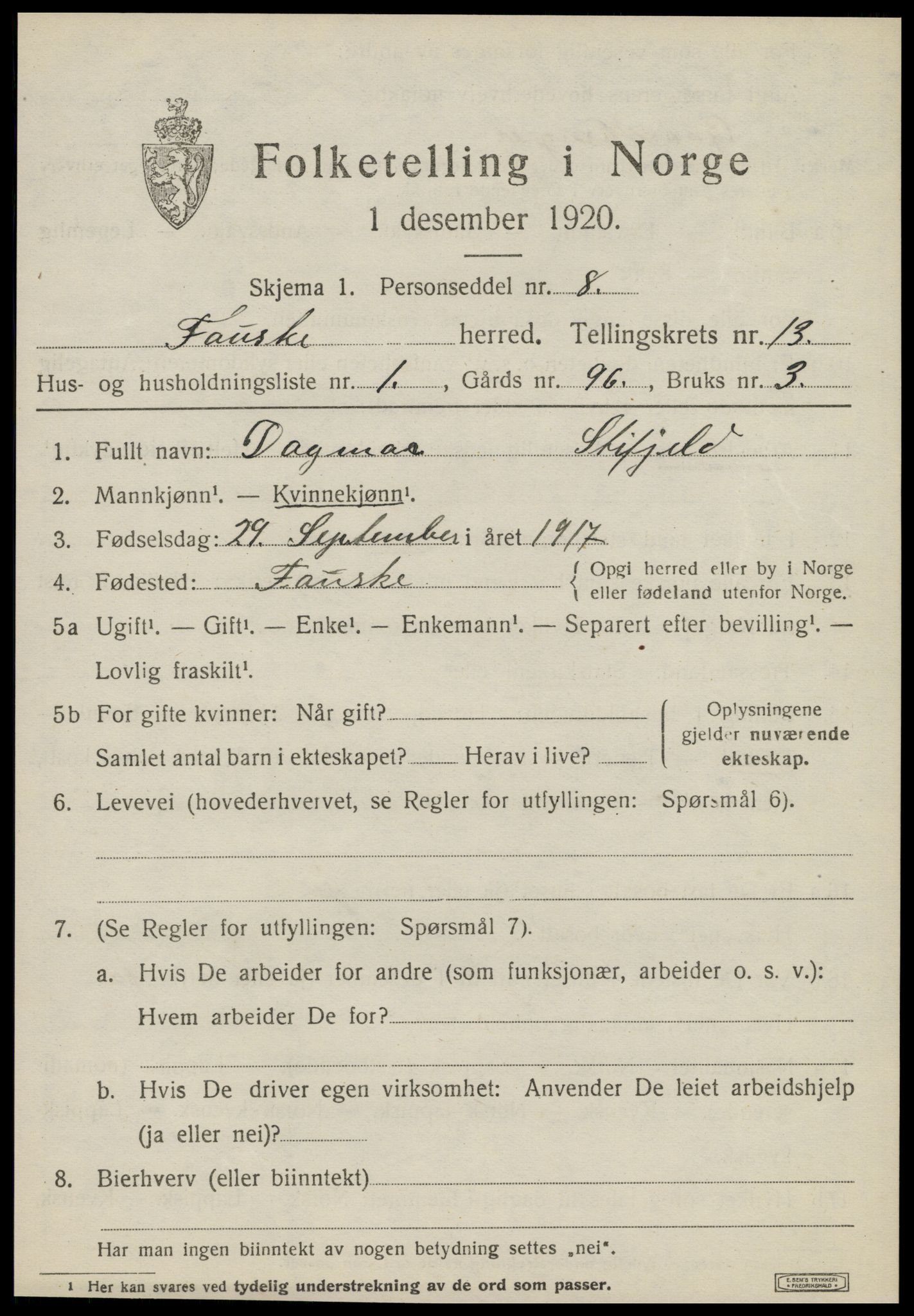 SAT, 1920 census for Fauske, 1920, p. 8374